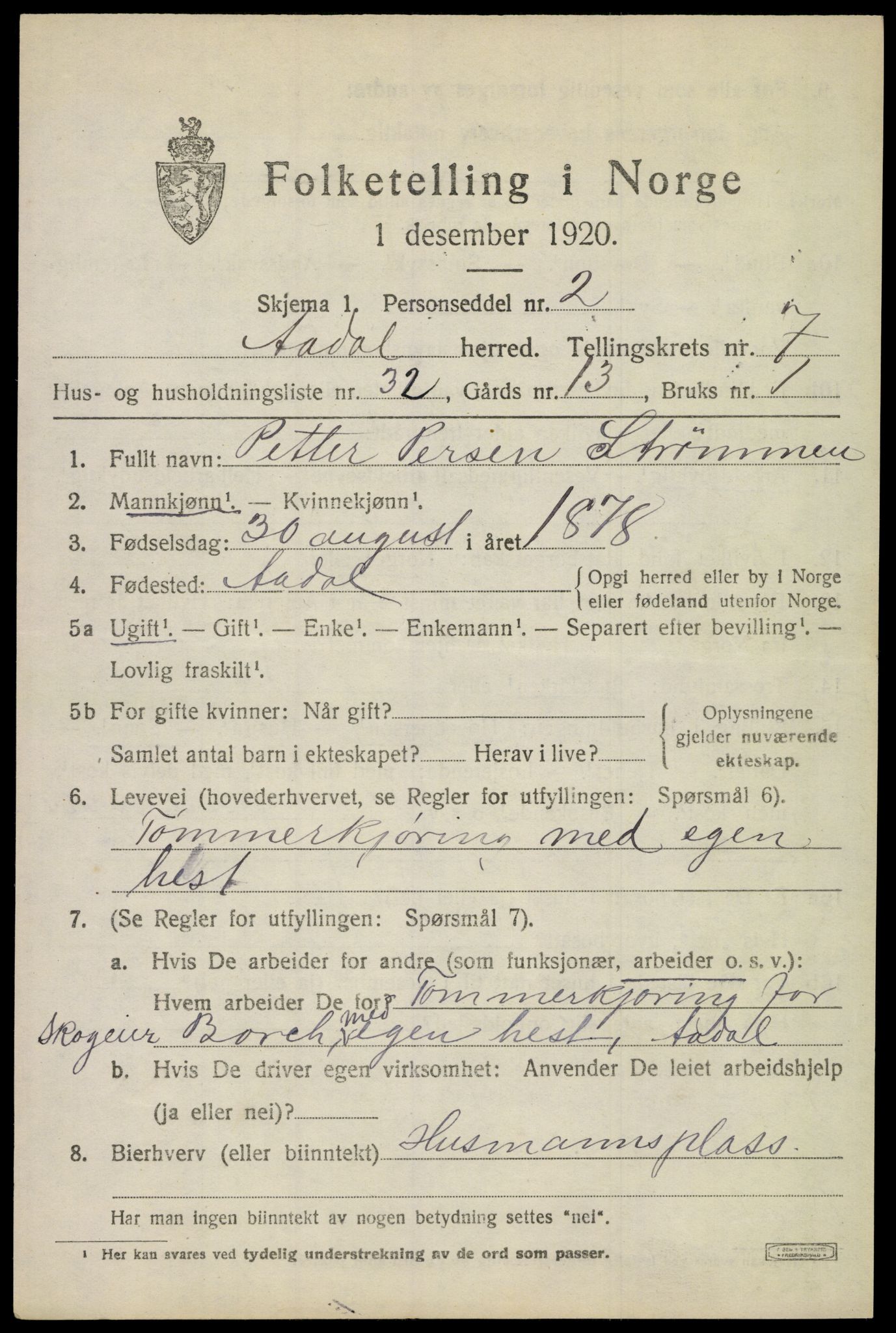 SAKO, 1920 census for Ådal, 1920, p. 5330