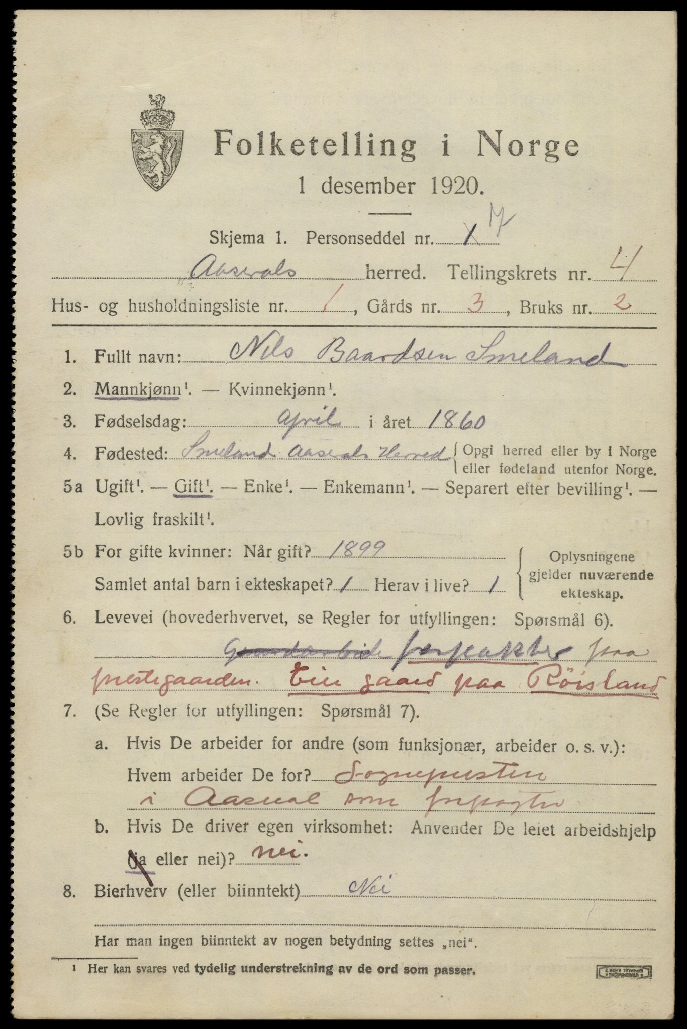SAK, 1920 census for Åseral, 1920, p. 1198