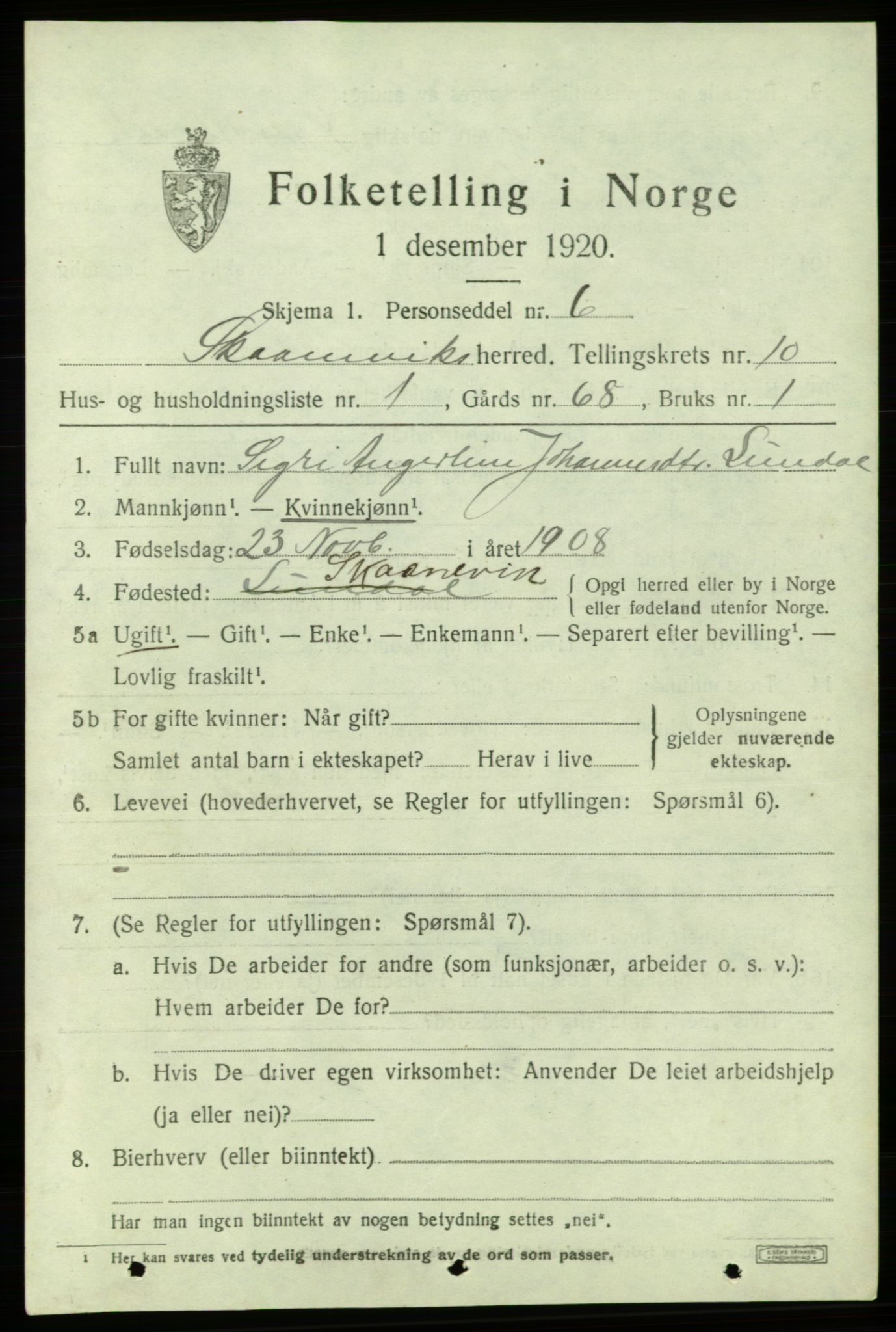 SAB, 1920 census for Skånevik, 1920, p. 5085