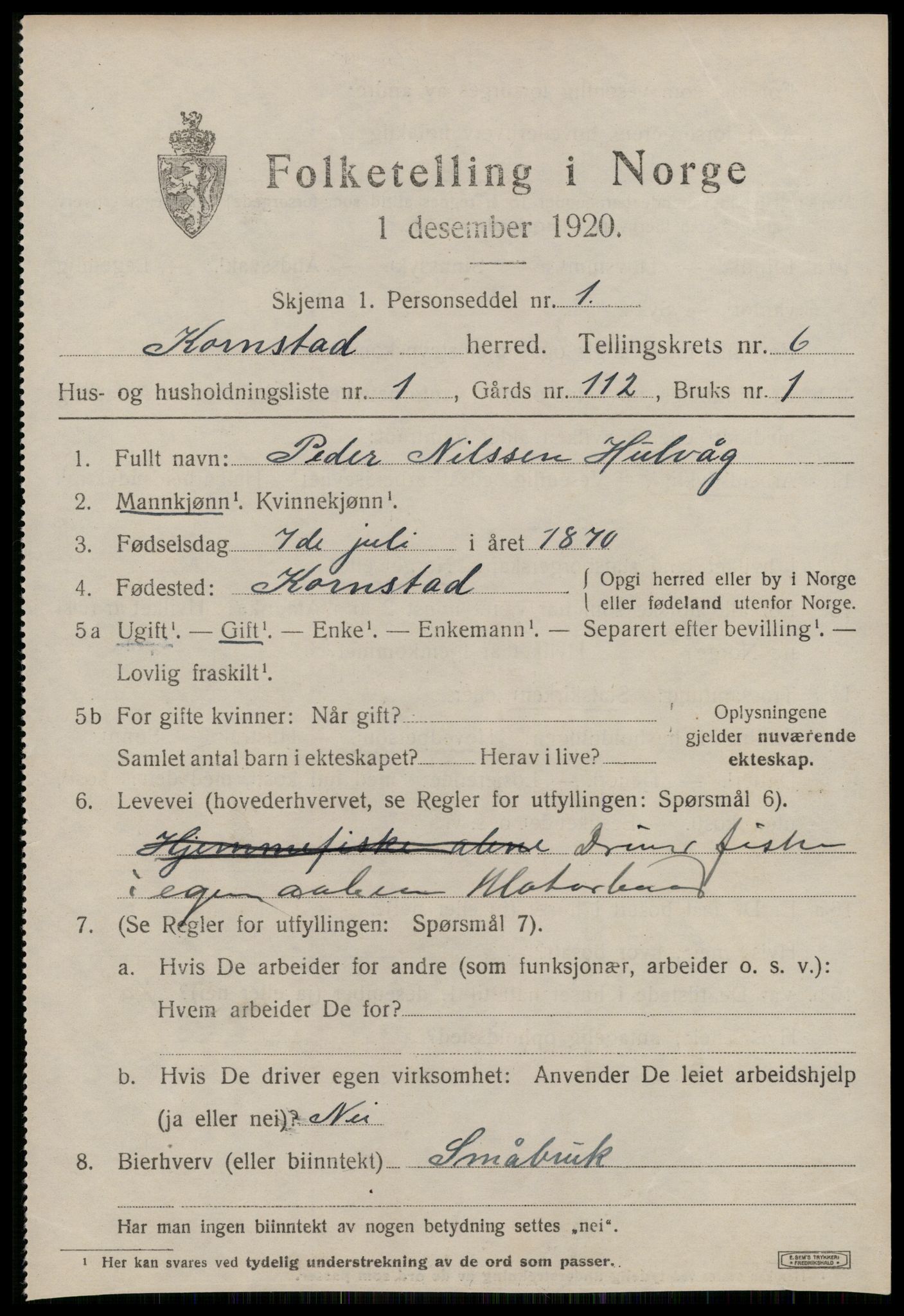 SAT, 1920 census for Kornstad, 1920, p. 3123