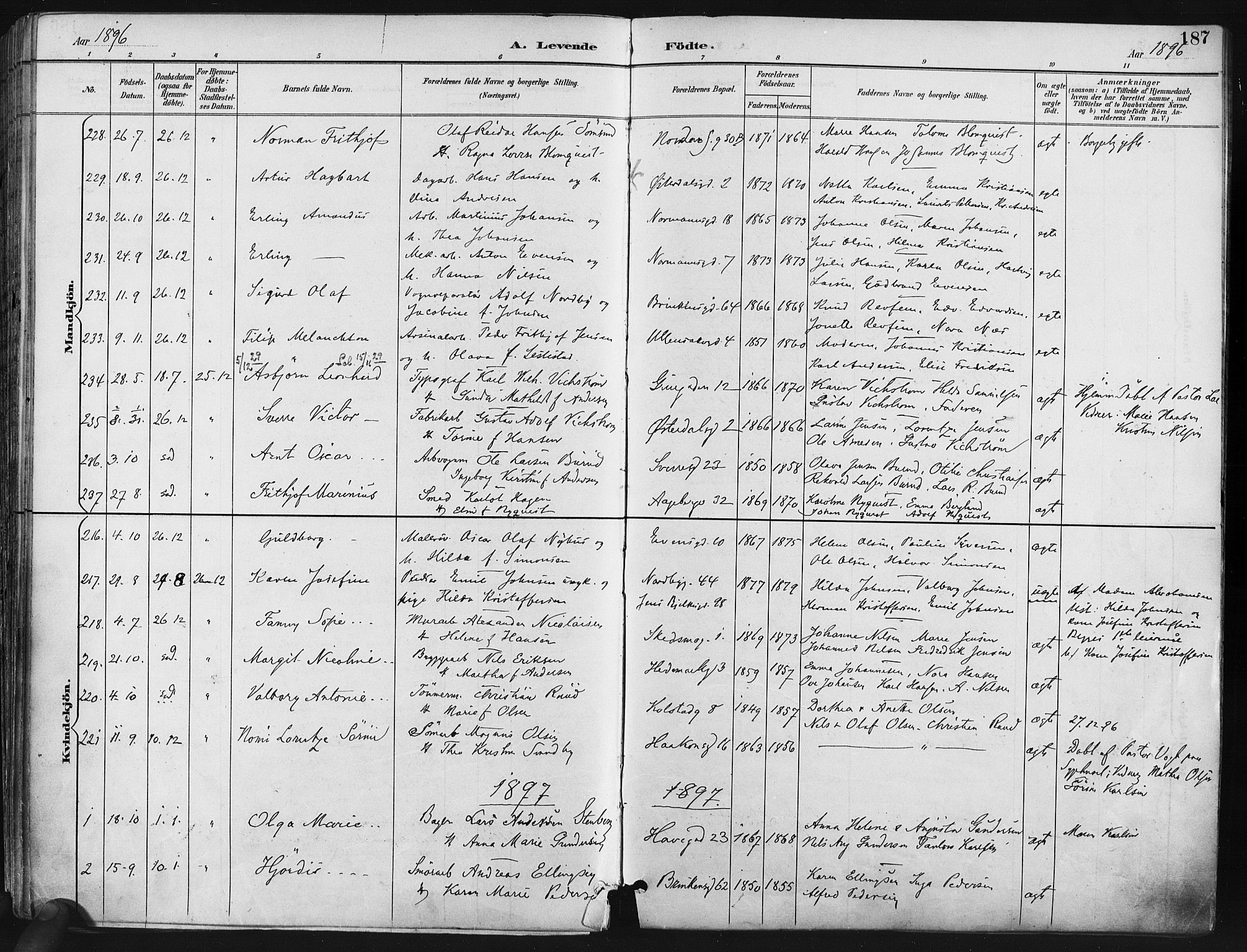 Kampen prestekontor Kirkebøker, AV/SAO-A-10853/F/Fa/L0005: Parish register (official) no. I 5, 1890-1902, p. 187