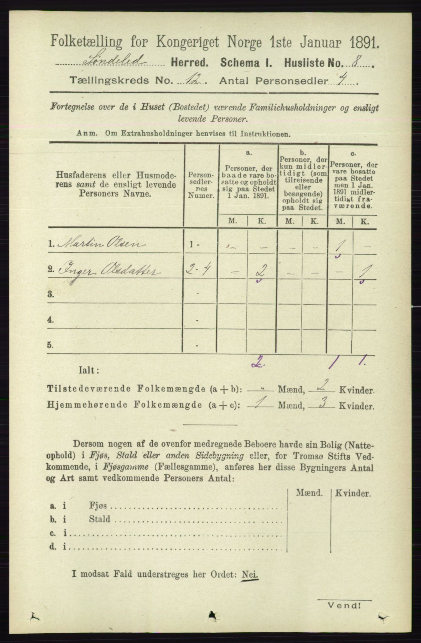 RA, 1891 census for 0913 Søndeled, 1891, p. 3649