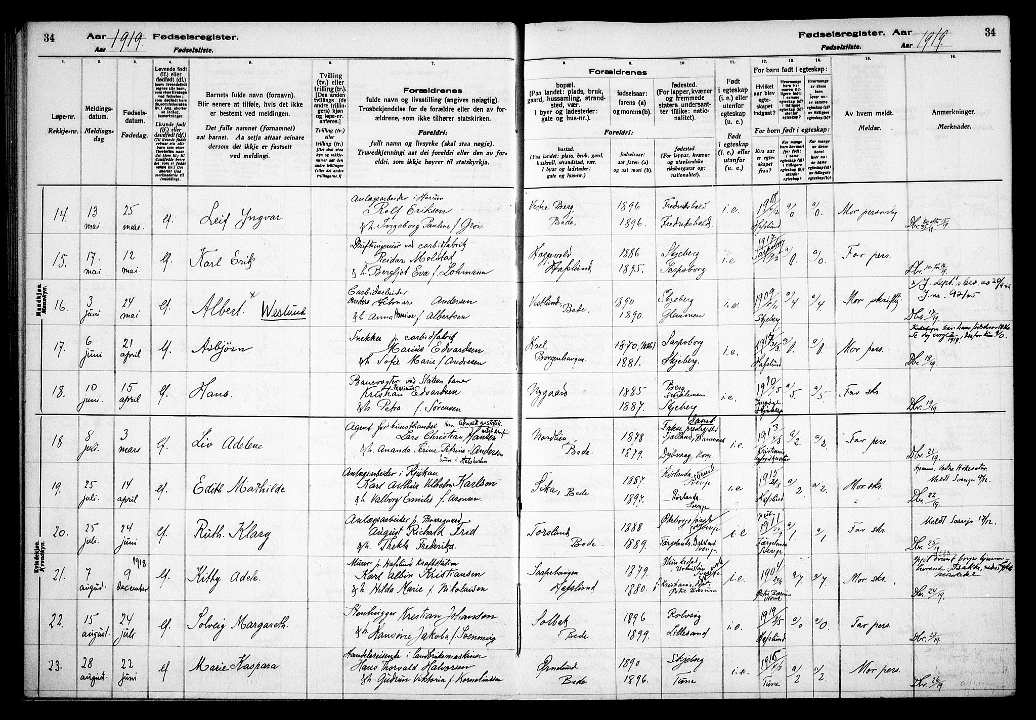 Skjeberg prestekontor Kirkebøker, AV/SAO-A-10923/J/Jd/L0001: Birth register no. IV 1, 1916-1935, p. 34