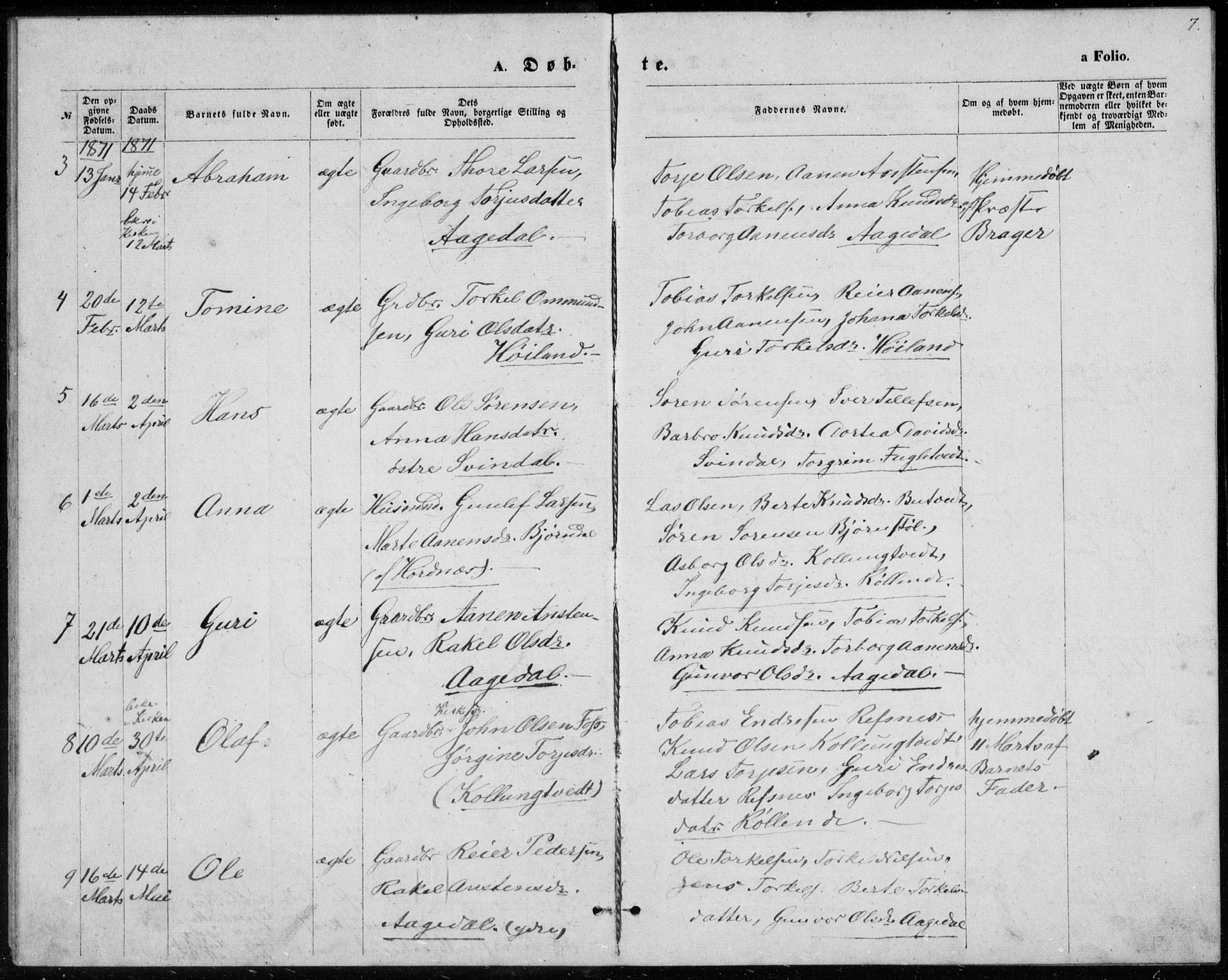 Bjelland sokneprestkontor, AV/SAK-1111-0005/F/Fb/Fbc/L0002: Parish register (copy) no. B 2, 1867-1887, p. 7