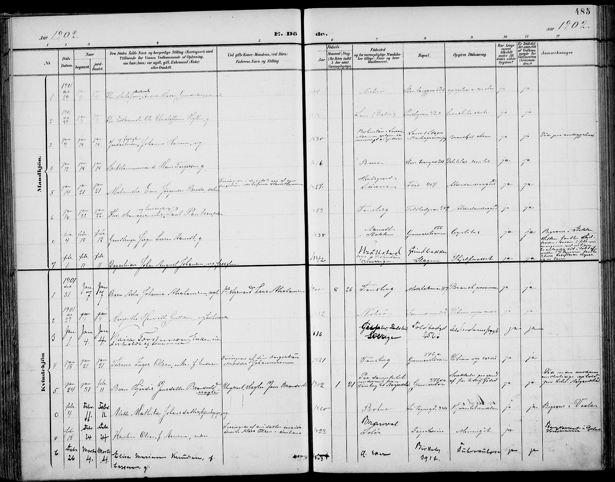 Tønsberg kirkebøker, AV/SAKO-A-330/F/Fa/L0013: Parish register (official) no. I 13, 1900-1913, p. 485