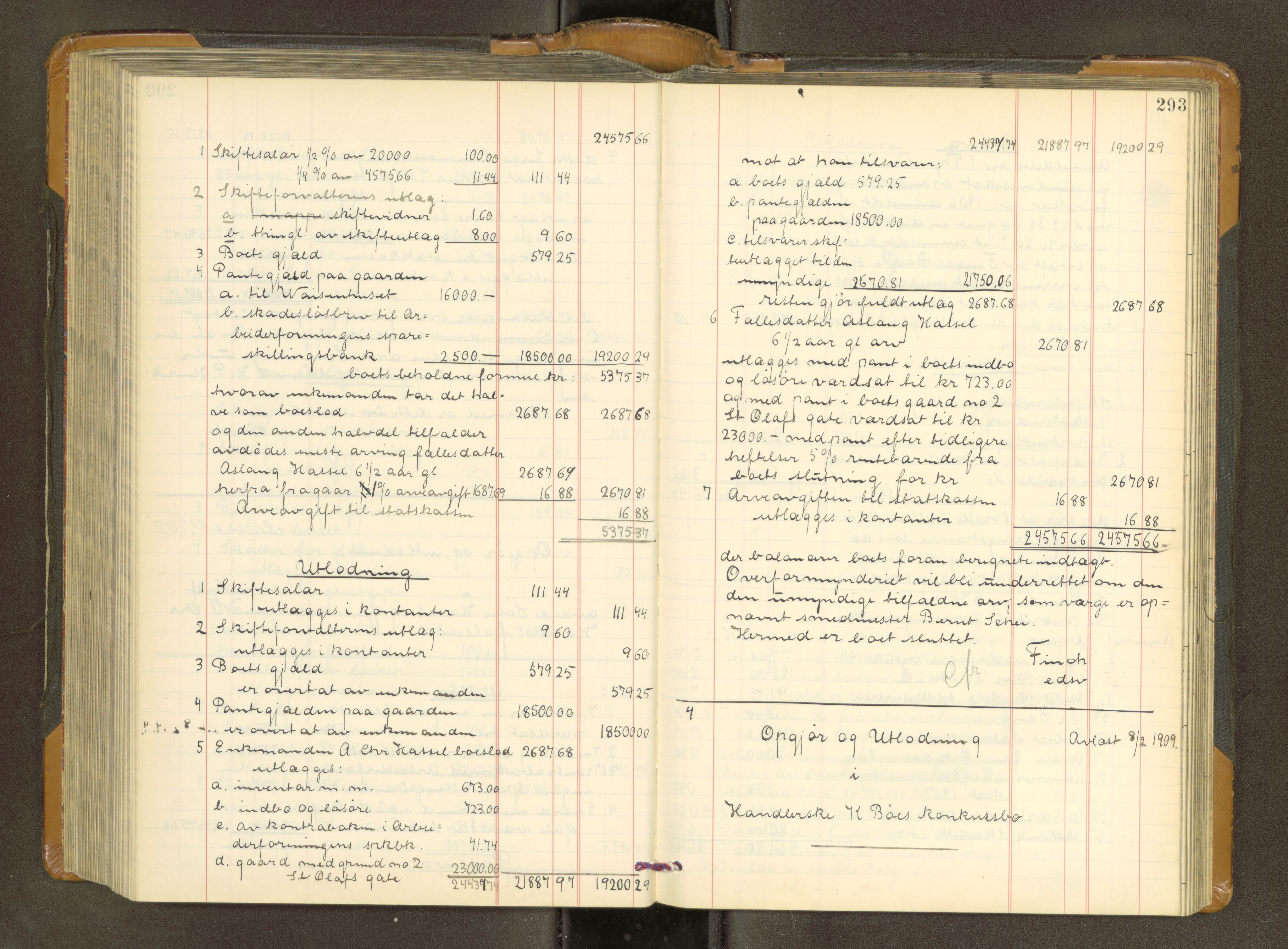 Trondheim byfogd, AV/SAT-A-0003/1/3/3A/L0039: Skifteutlodningsprotokoll - 3/11-2/2. U, 1906-1910, p. 293