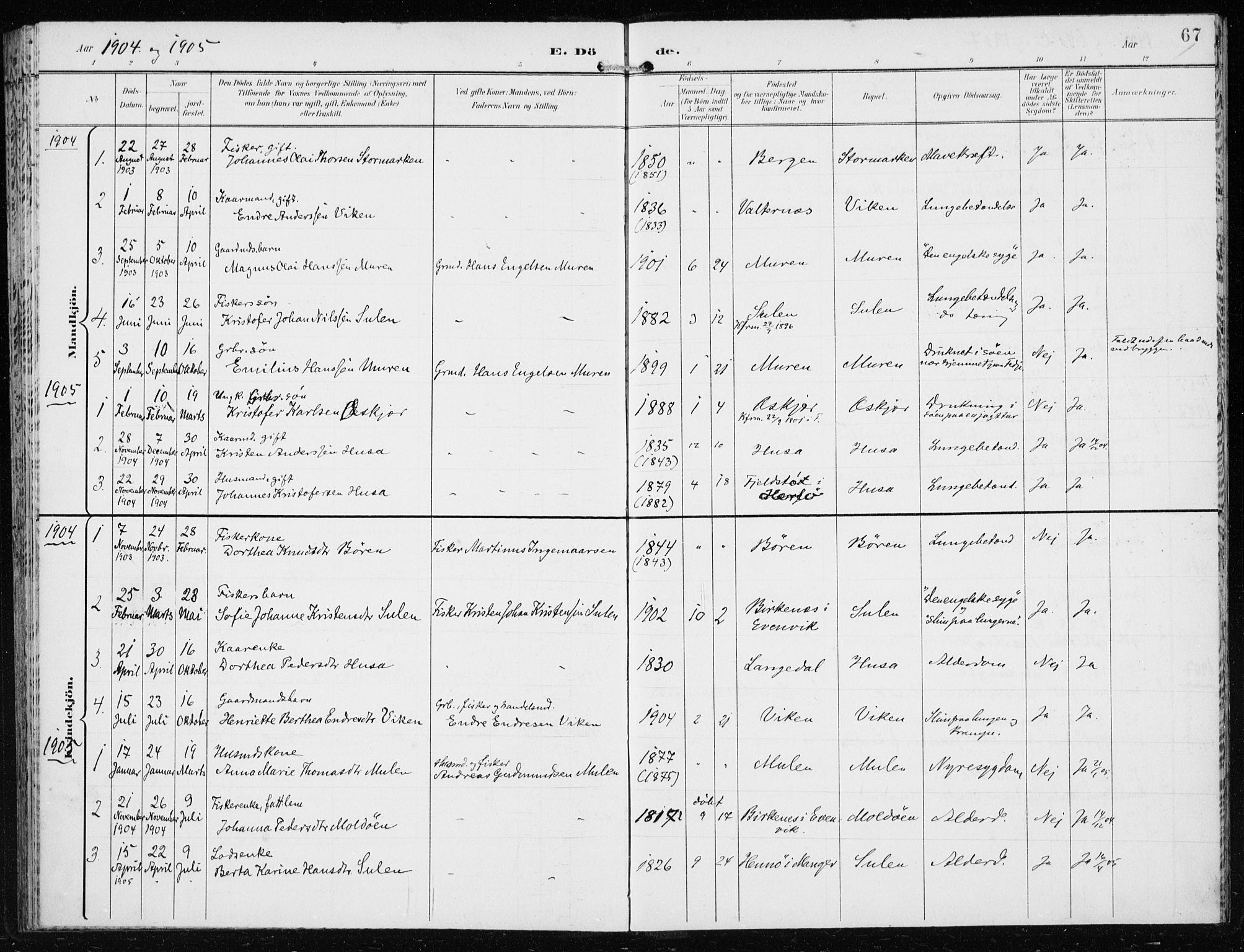 Lindås Sokneprestembete, SAB/A-76701/H/Haa: Parish register (official) no. D  2, 1897-1912, p. 67