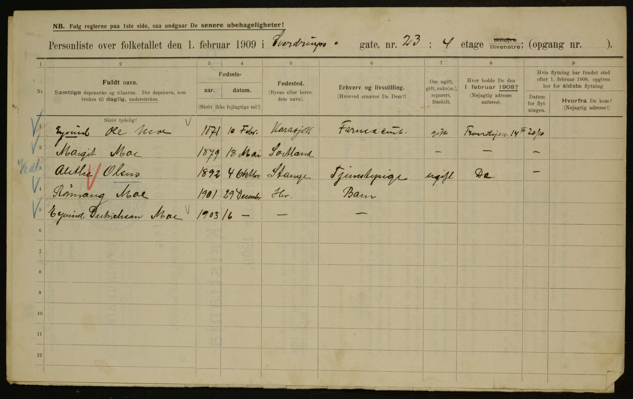 OBA, Municipal Census 1909 for Kristiania, 1909, p. 95671