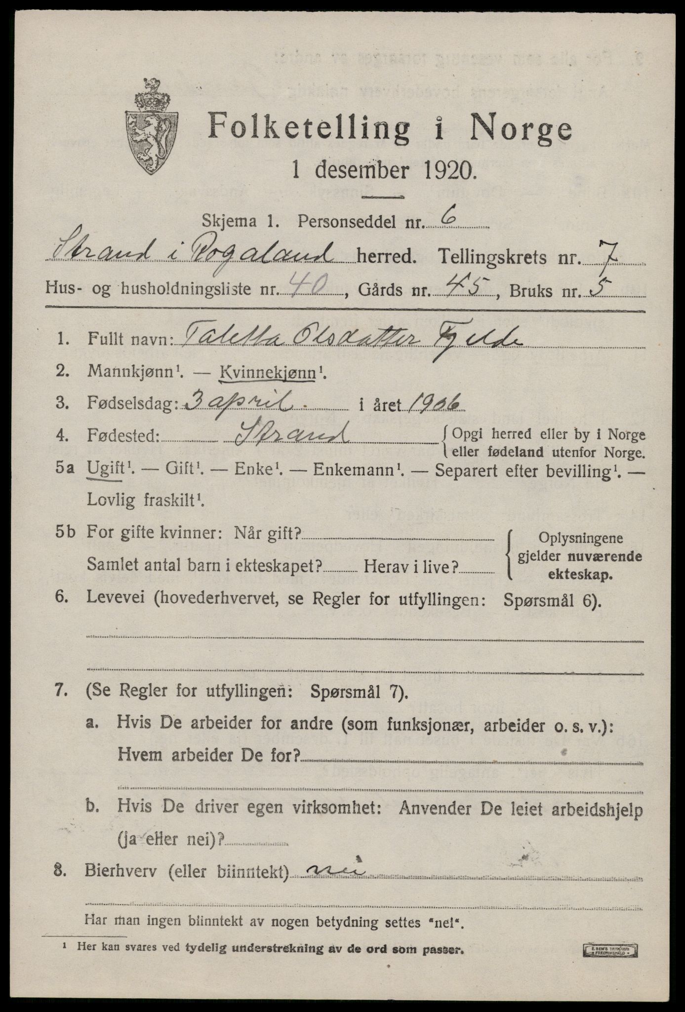 SAST, 1920 census for Strand, 1920, p. 4928