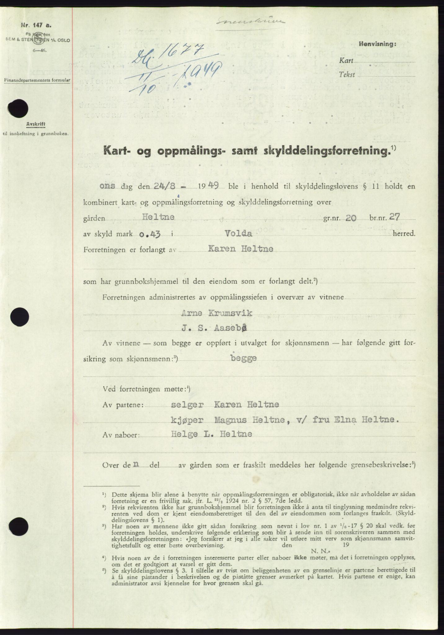 Søre Sunnmøre sorenskriveri, AV/SAT-A-4122/1/2/2C/L0085: Mortgage book no. 11A, 1949-1949, Diary no: : 1677/1949