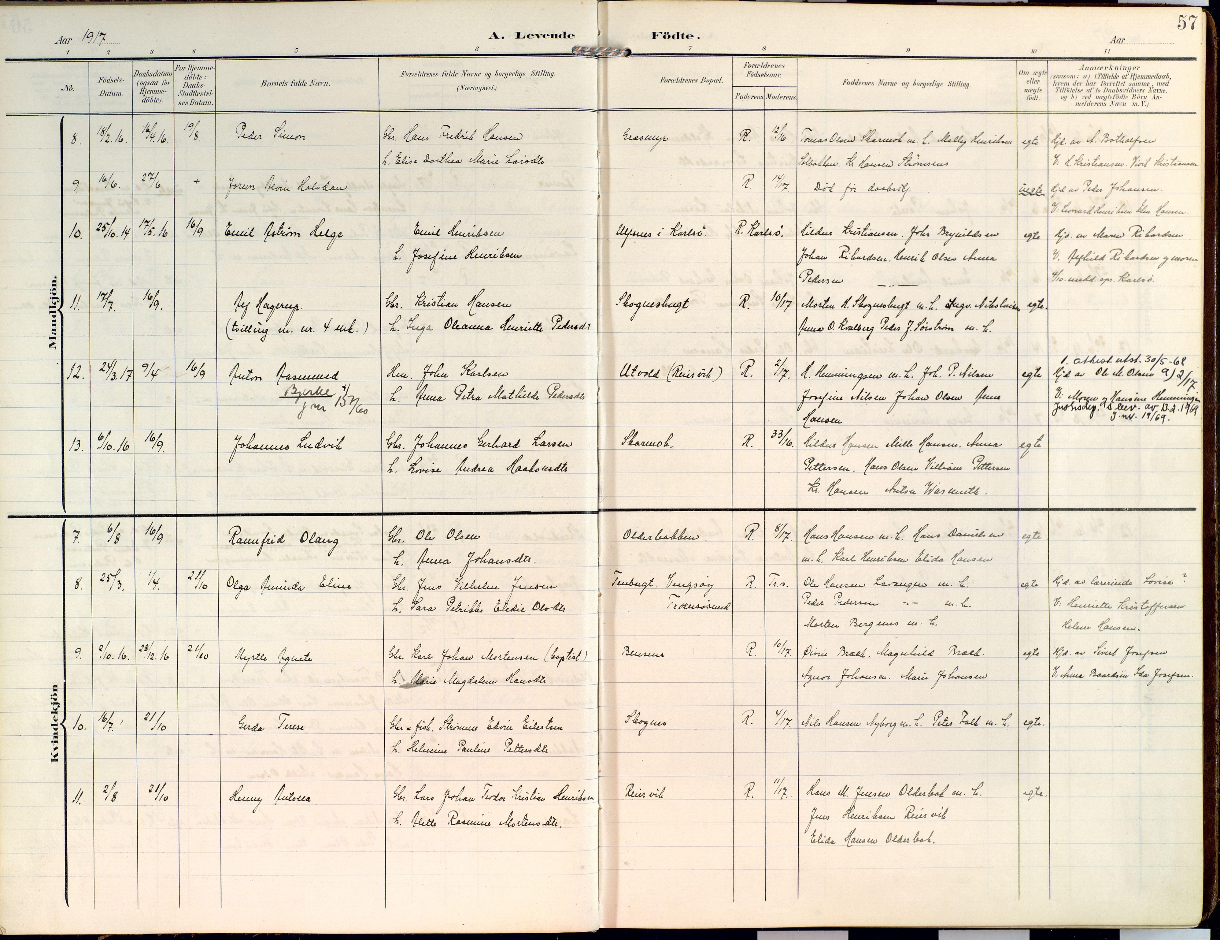 Lyngen sokneprestembete, SATØ/S-1289/H/He/Hea/L0014kirke: Parish register (official) no. 14, 1905-1920, p. 57