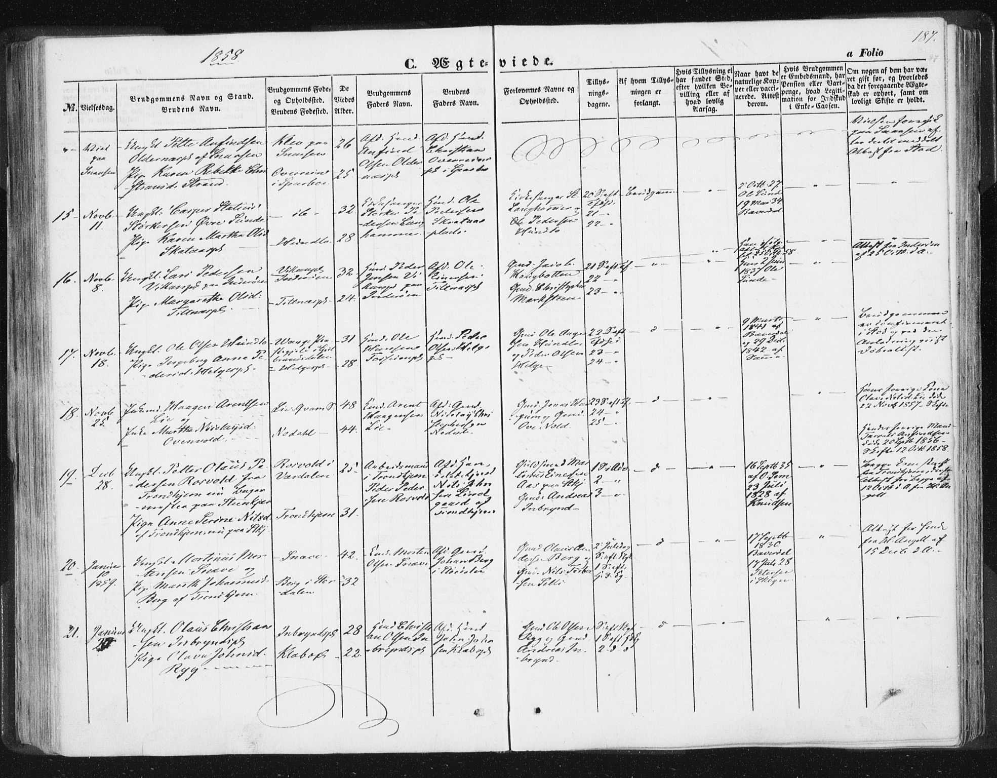 Ministerialprotokoller, klokkerbøker og fødselsregistre - Nord-Trøndelag, SAT/A-1458/746/L0446: Parish register (official) no. 746A05, 1846-1859, p. 187