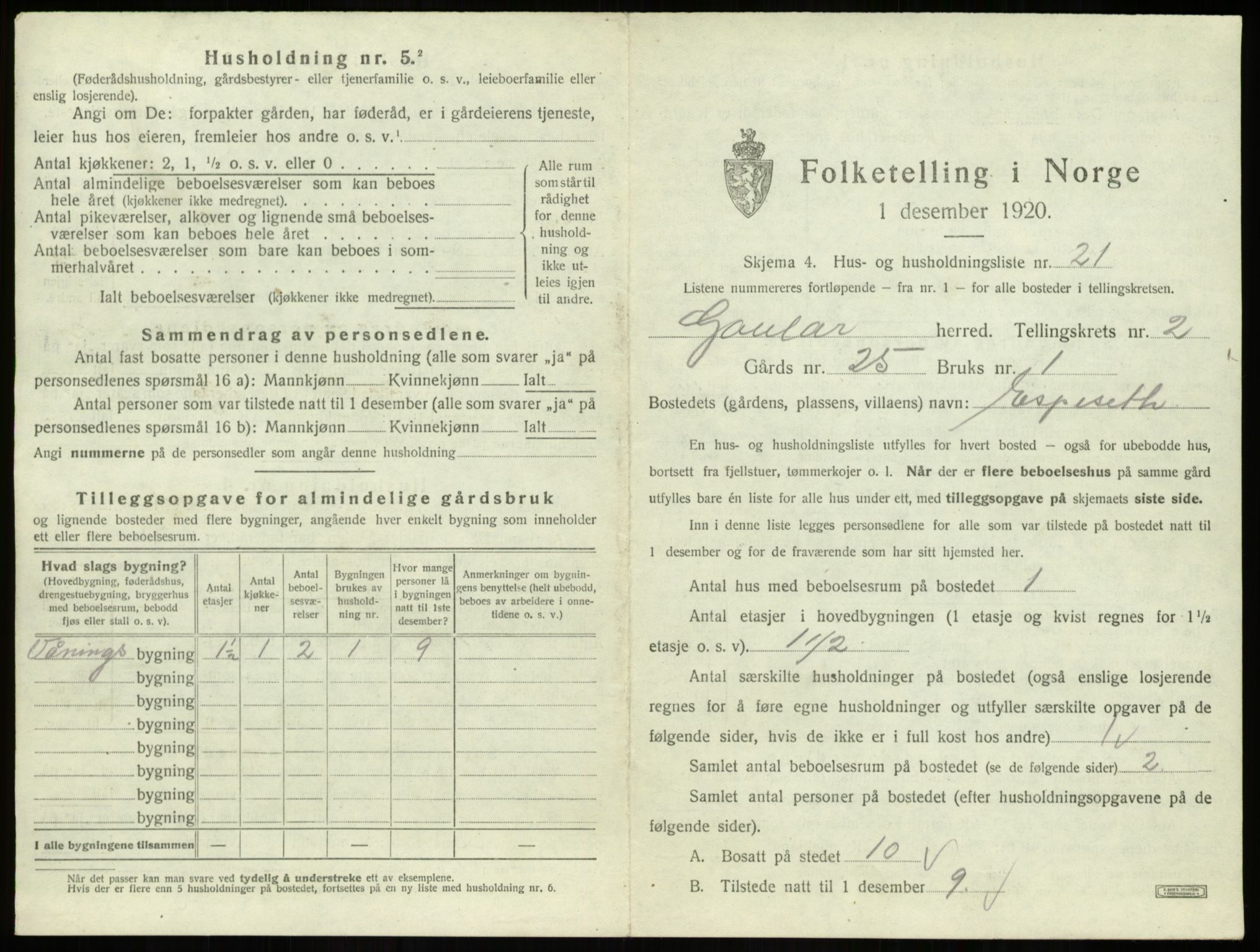 SAB, 1920 census for Gaular, 1920, p. 159