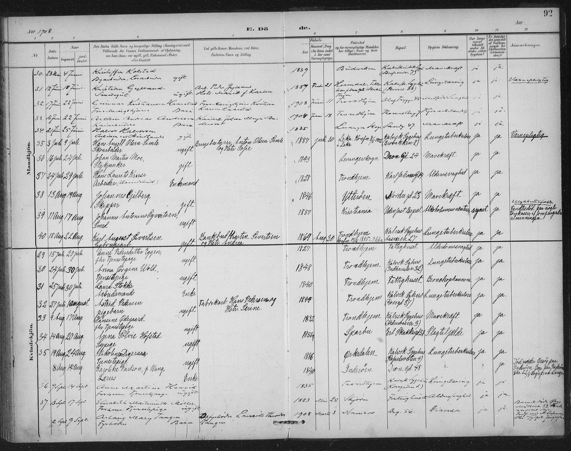 Ministerialprotokoller, klokkerbøker og fødselsregistre - Sør-Trøndelag, AV/SAT-A-1456/602/L0123: Parish register (official) no. 602A21, 1895-1910, p. 92