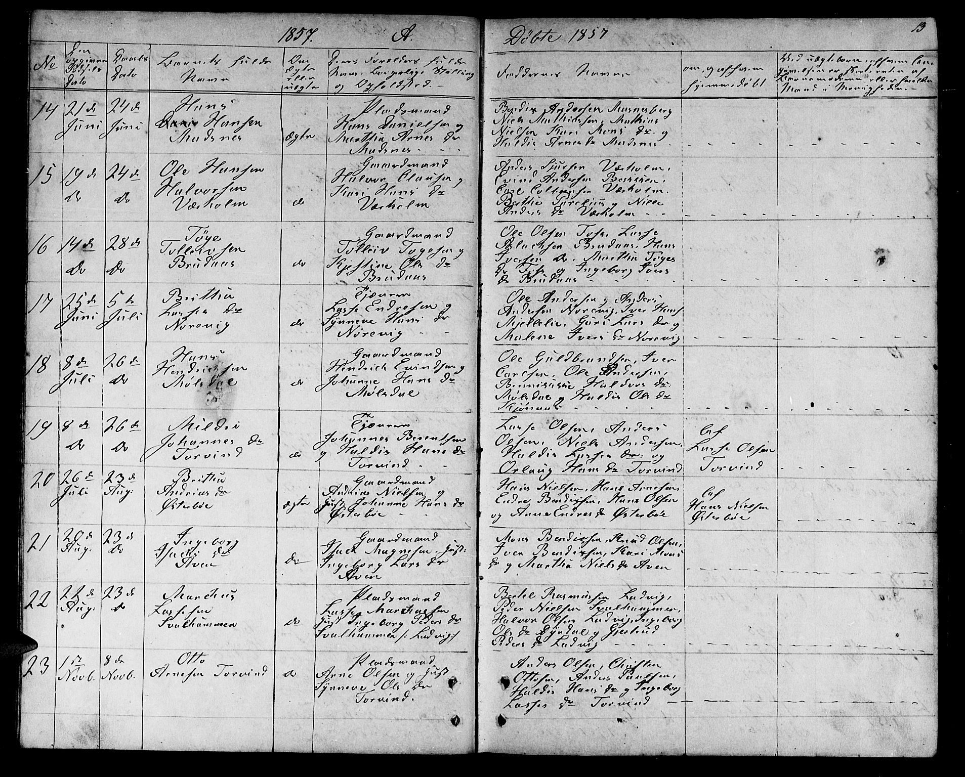 Lavik sokneprestembete, SAB/A-80901: Parish register (copy) no. A 1, 1854-1881, p. 13