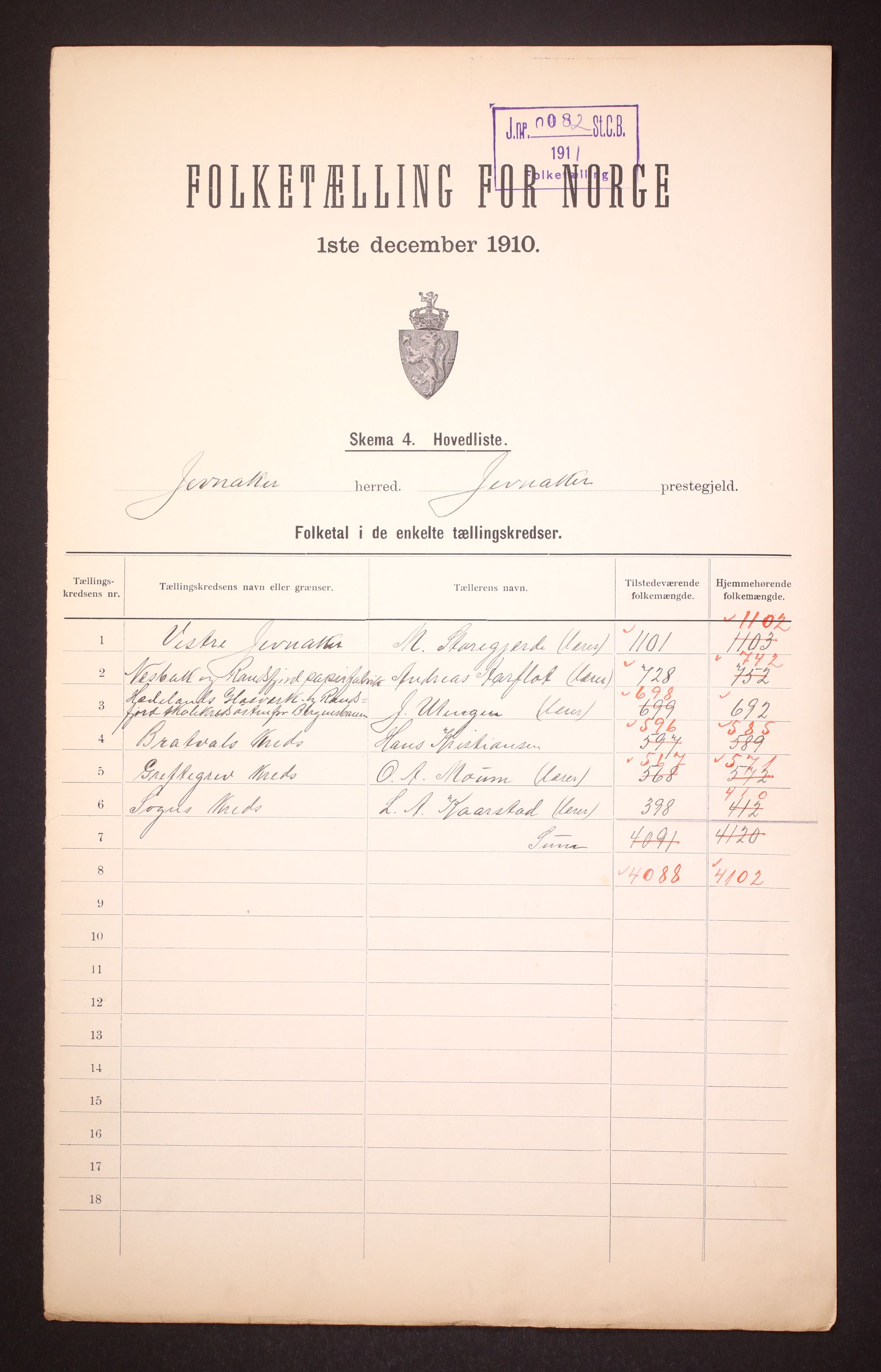 RA, 1910 census for Jevnaker, 1910, p. 2