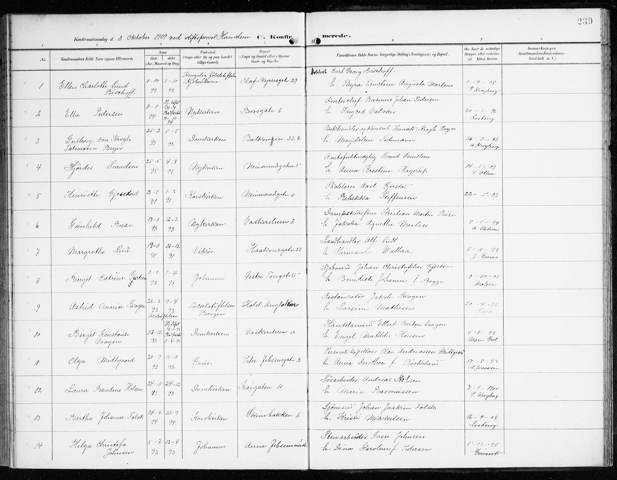 Domkirken sokneprestembete, SAB/A-74801/H/Haa/L0031: Parish register (official) no. C 6, 1898-1915, p. 239