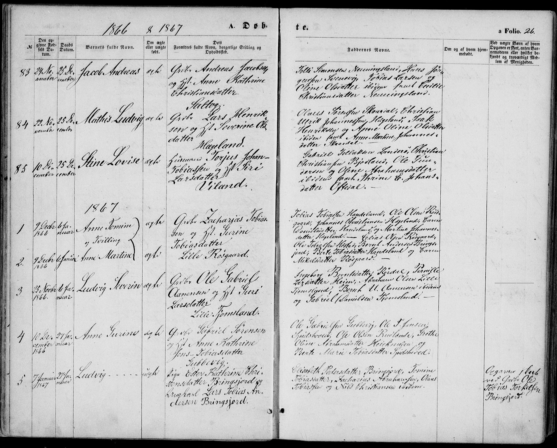 Lyngdal sokneprestkontor, SAK/1111-0029/F/Fa/Fac/L0010: Parish register (official) no. A 10, 1865-1878, p. 26