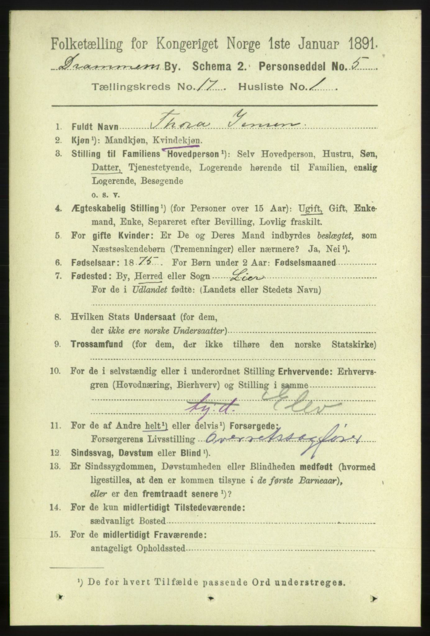 RA, 1891 census for 0602 Drammen, 1891, p. 11280