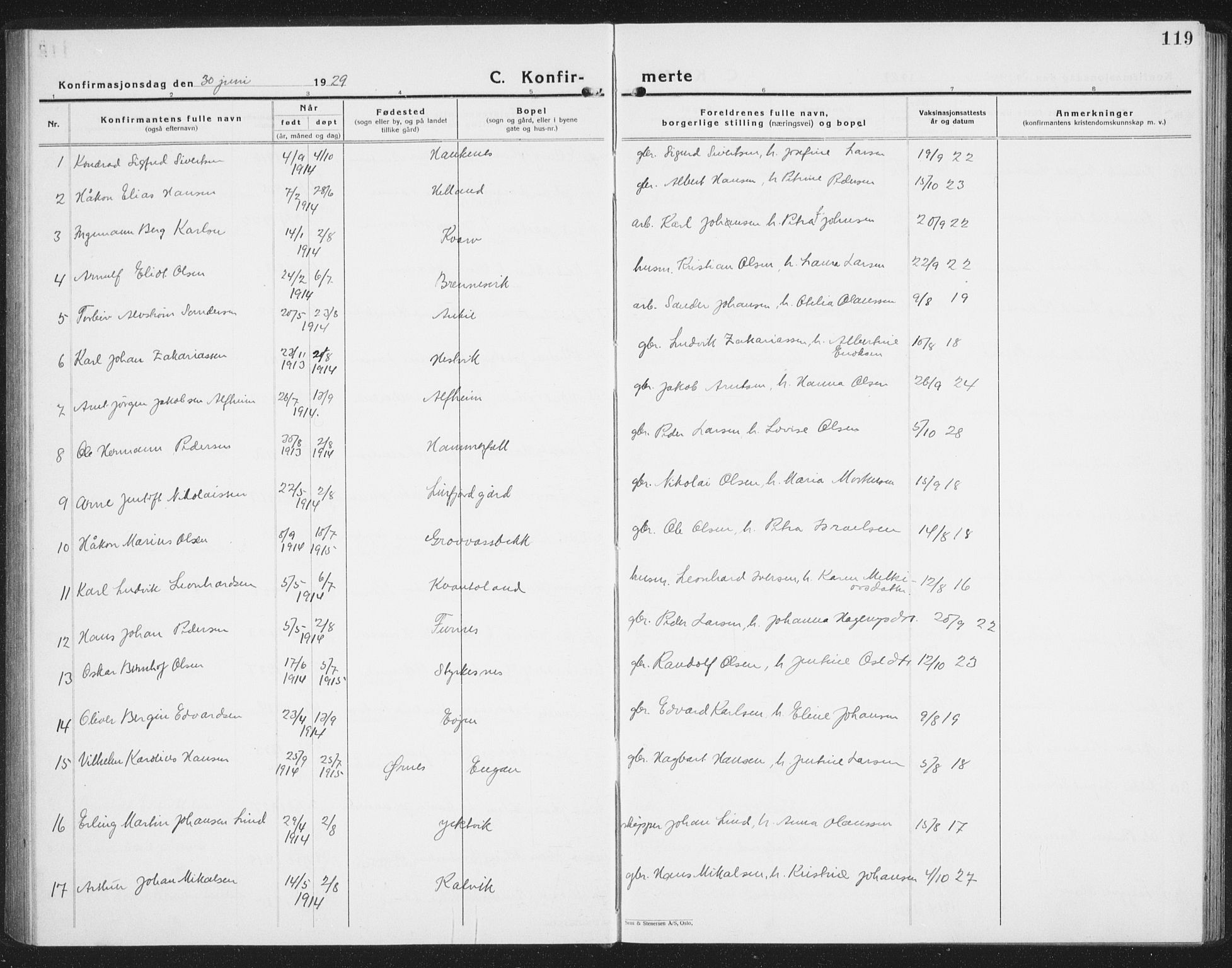 Ministerialprotokoller, klokkerbøker og fødselsregistre - Nordland, AV/SAT-A-1459/854/L0788: Parish register (copy) no. 854C04, 1926-1940, p. 119