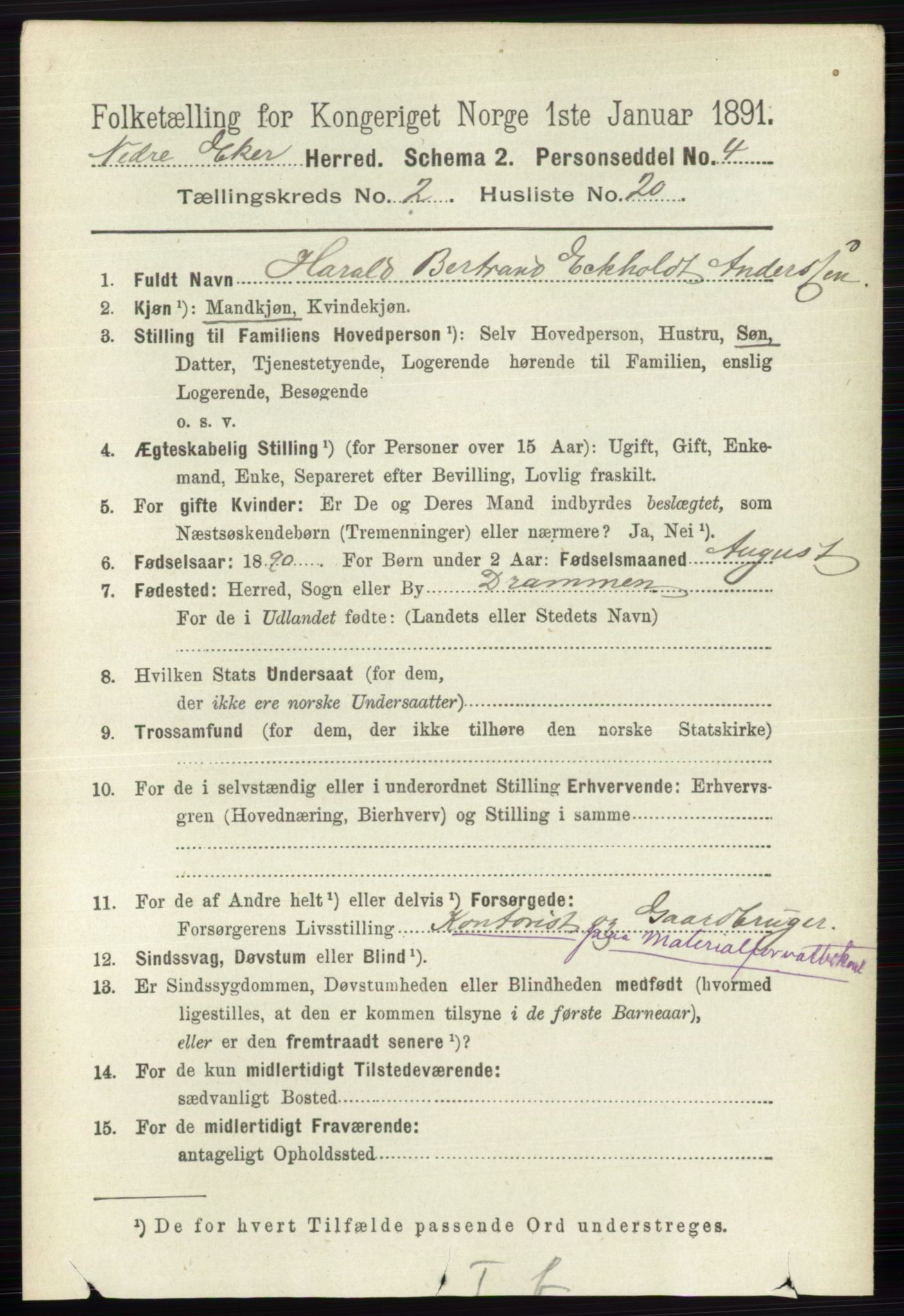 RA, 1891 census for 0625 Nedre Eiker, 1891, p. 662