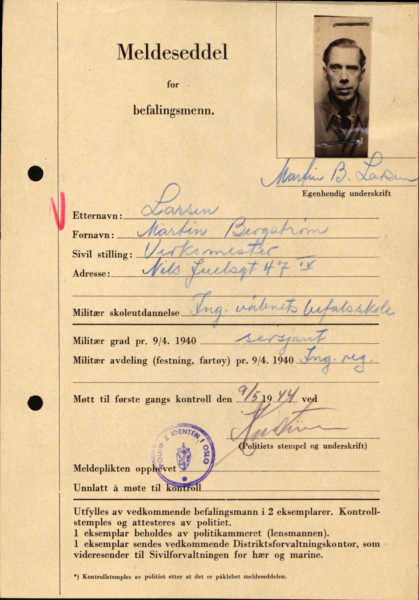 Forsvaret, Forsvarets krigshistoriske avdeling, AV/RA-RAFA-2017/Y/Yf/L0209: II-C-11-2121  -  Okkupasjonstiden.  Meldesedler for befal med foto og oppl. om militær grad 9. apr. 1940., 1944-1945, p. 39