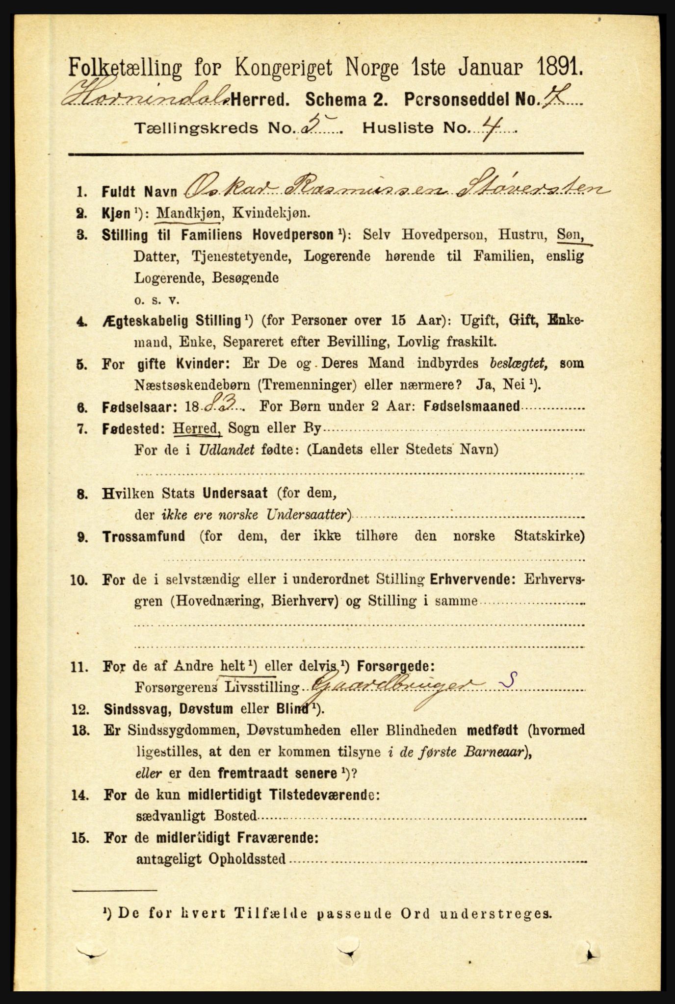 RA, 1891 census for 1444 Hornindal, 1891, p. 1162