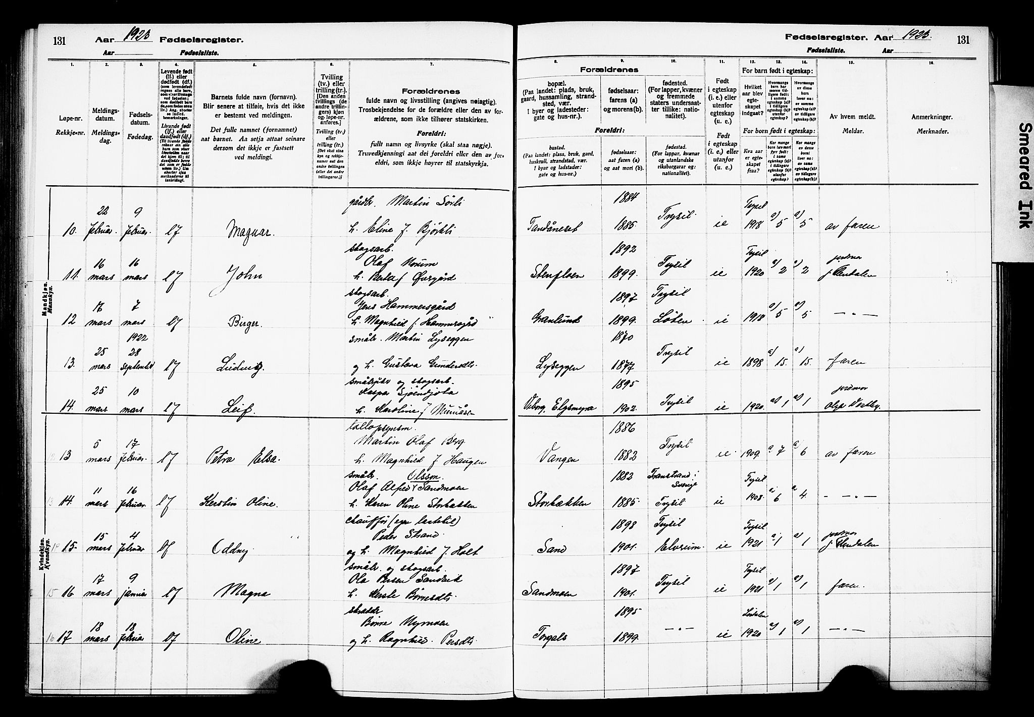 Trysil prestekontor, AV/SAH-PREST-046/I/Id/Ida/L0001: Birth register no. I 1, 1916-1927, p. 131