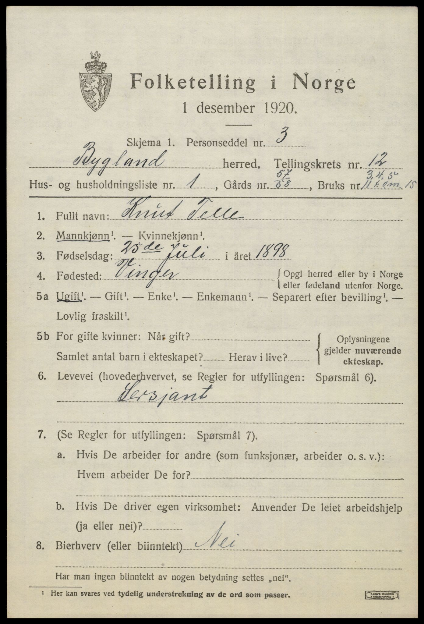 SAK, 1920 census for Bygland, 1920, p. 4465