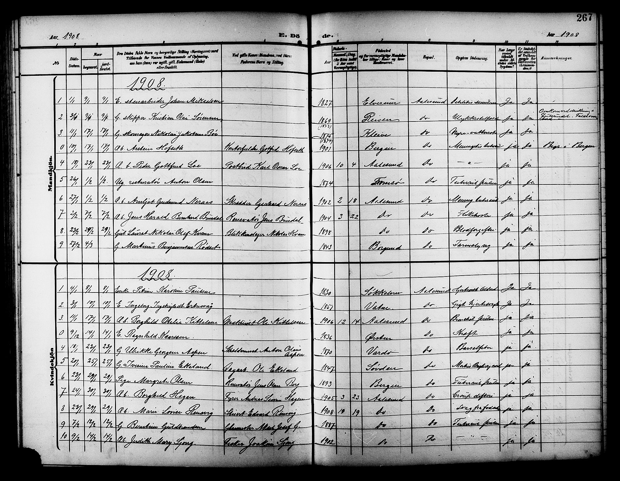 Ministerialprotokoller, klokkerbøker og fødselsregistre - Møre og Romsdal, SAT/A-1454/529/L0470: Parish register (copy) no. 529C07, 1907-1917, p. 267