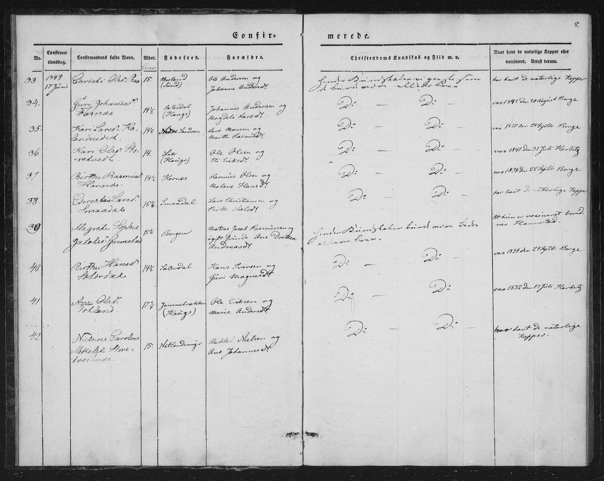 Fana Sokneprestembete, SAB/A-75101/H/Haa/Haaa/L0009: Parish register (official) no. A 9, 1849-1850, p. 8