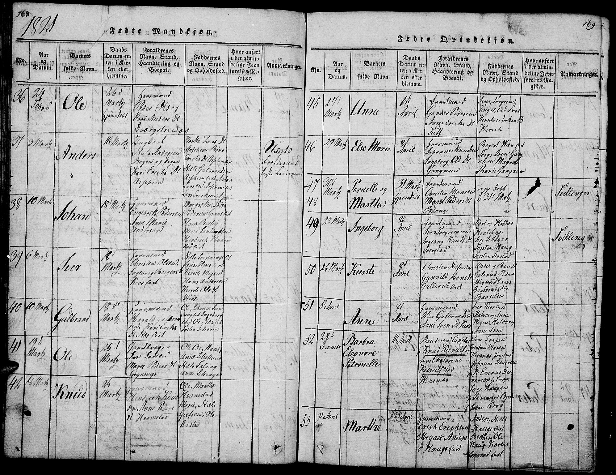 Gran prestekontor, SAH/PREST-112/H/Ha/Hab/L0001: Parish register (copy) no. 1, 1815-1824, p. 168-169