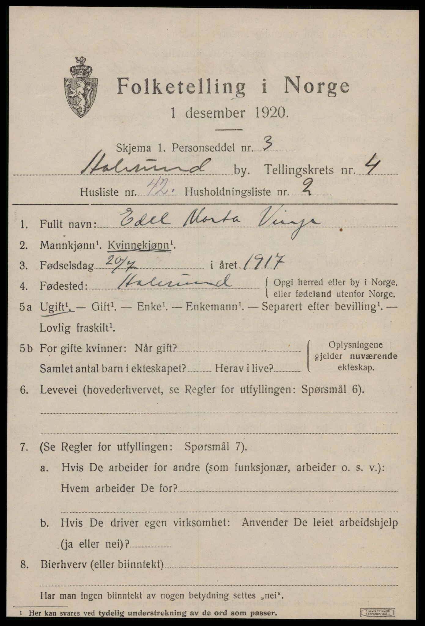 SAT, 1920 census for Ålesund, 1920, p. 16006