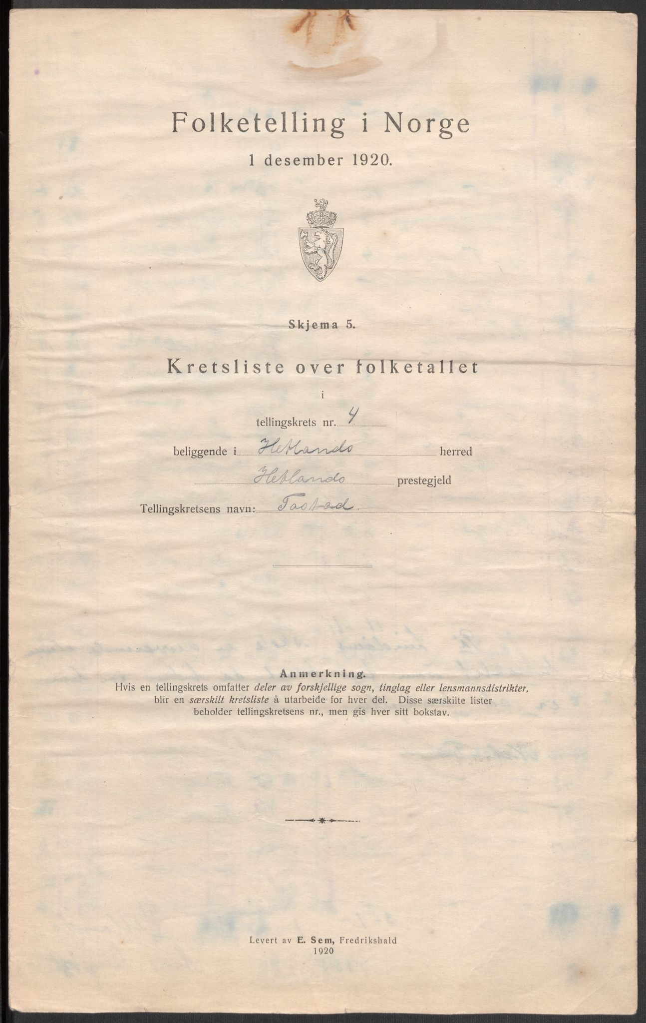 SAST, 1920 census for Hetland, 1920, p. 17