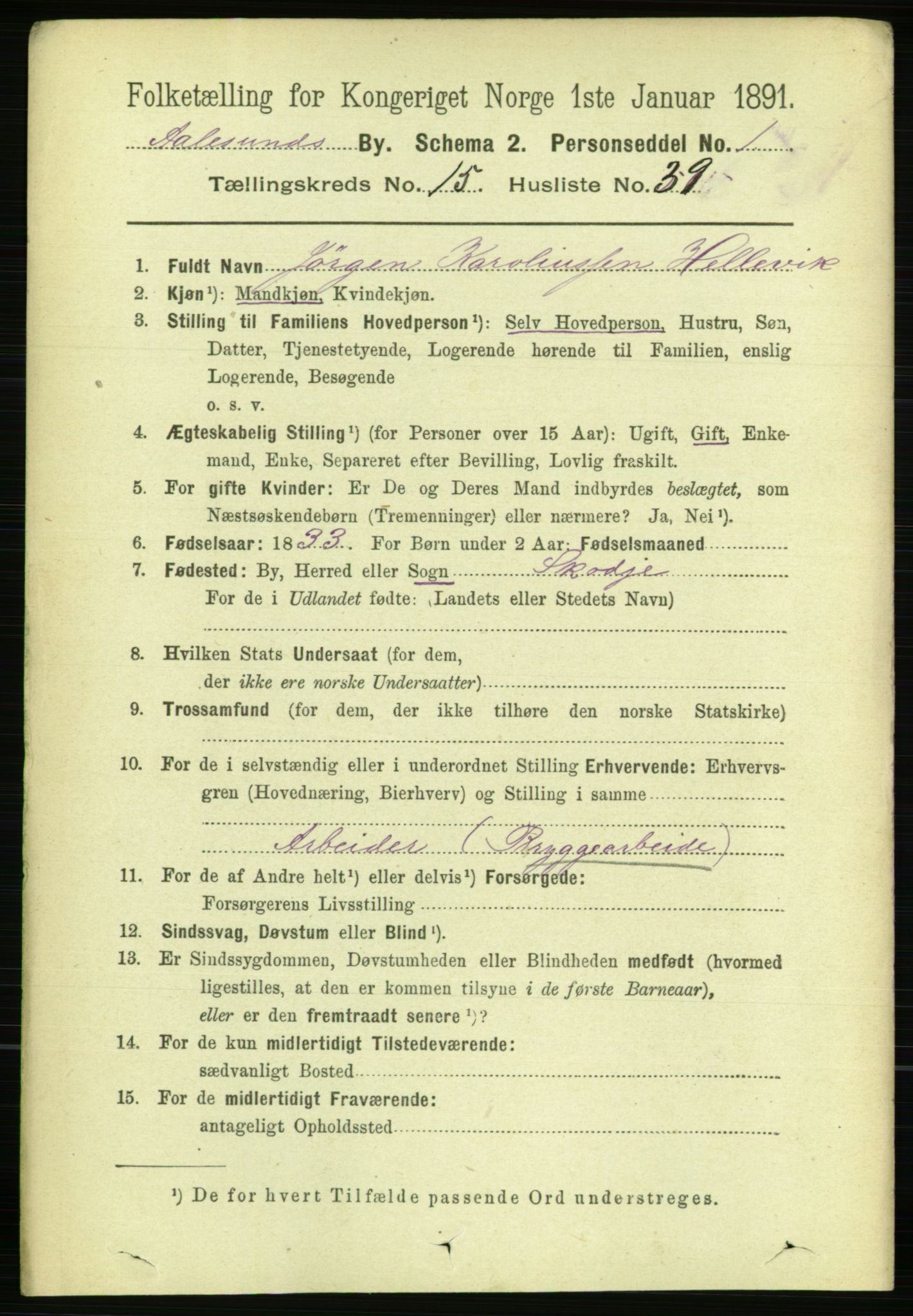 RA, 1891 census for 1501 Ålesund, 1891, p. 9501