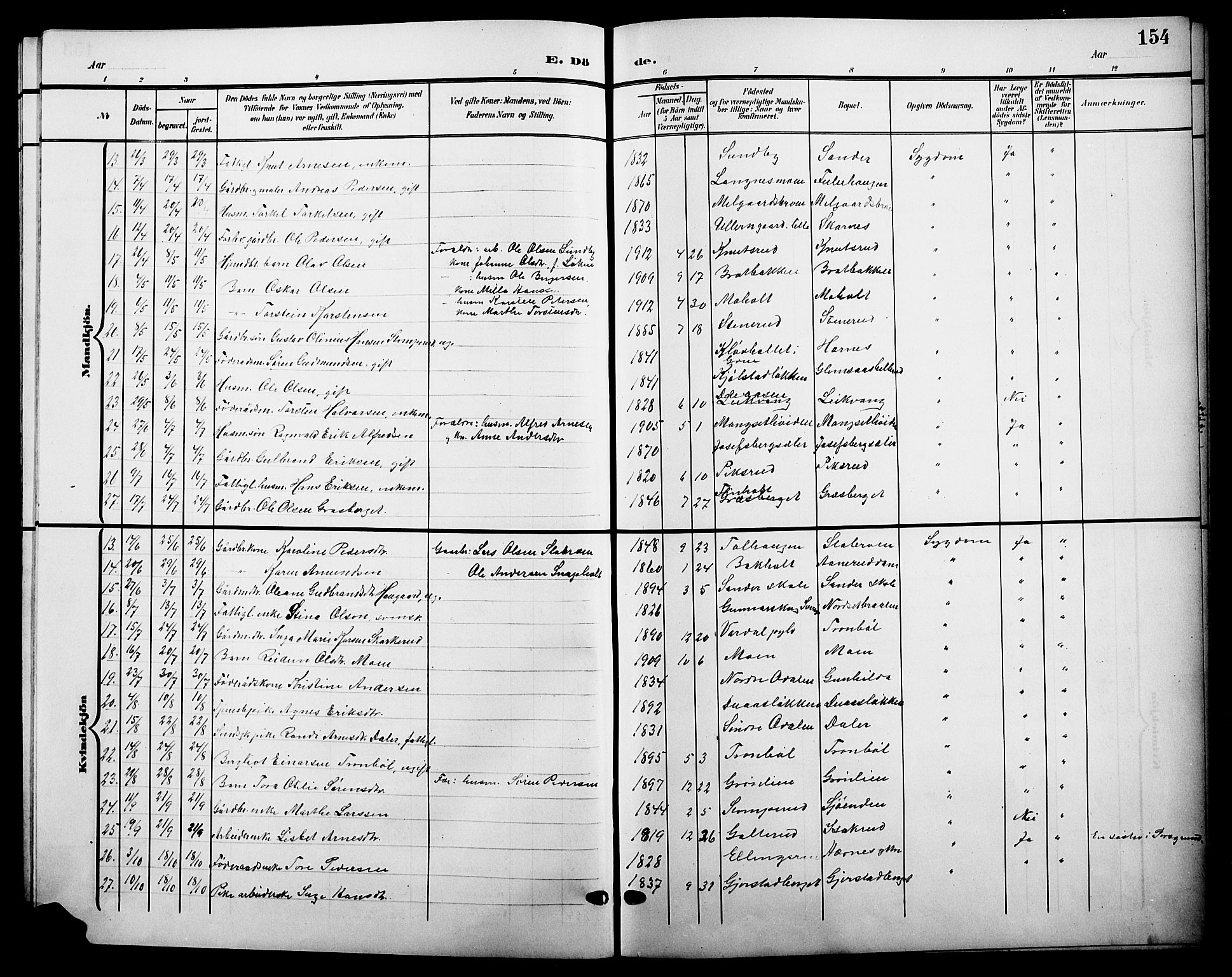 Sør-Odal prestekontor, AV/SAH-PREST-030/H/Ha/Hab/L0005: Parish register (copy) no. 5, 1903-1915, p. 154