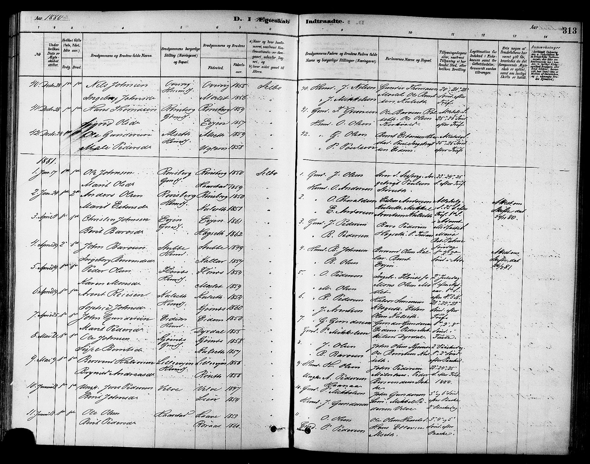 Ministerialprotokoller, klokkerbøker og fødselsregistre - Sør-Trøndelag, SAT/A-1456/695/L1148: Parish register (official) no. 695A08, 1878-1891, p. 313
