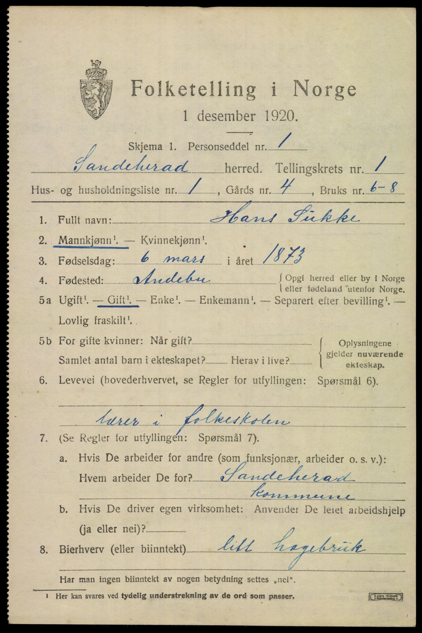 SAKO, 1920 census for Sandeherred, 1920, p. 3752