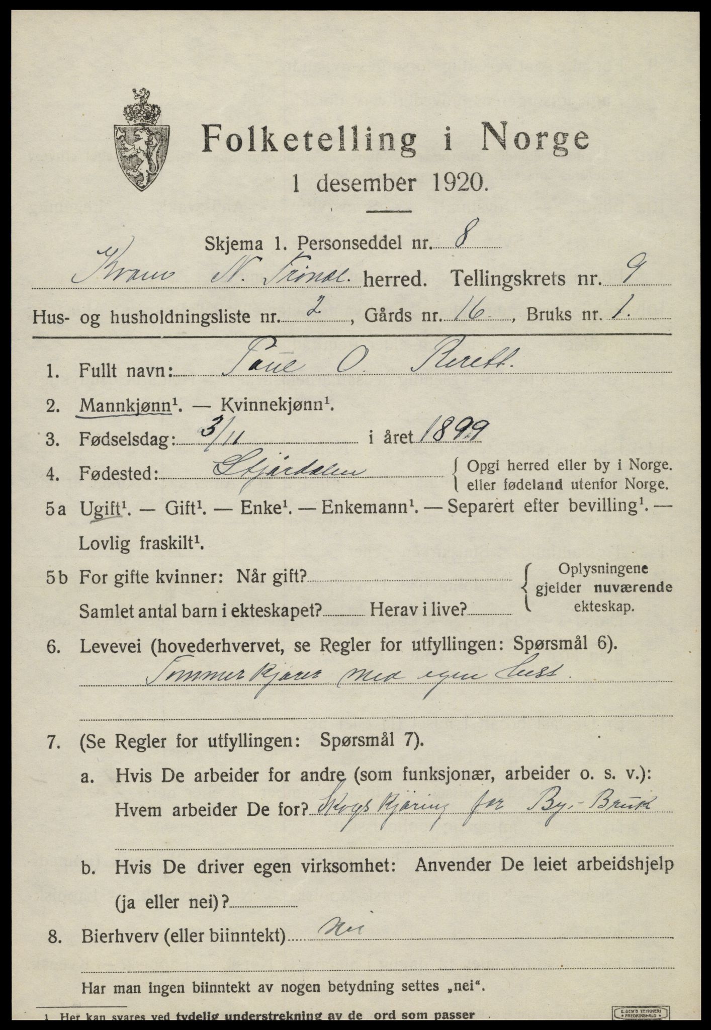 SAT, 1920 census for Kvam, 1920, p. 2355