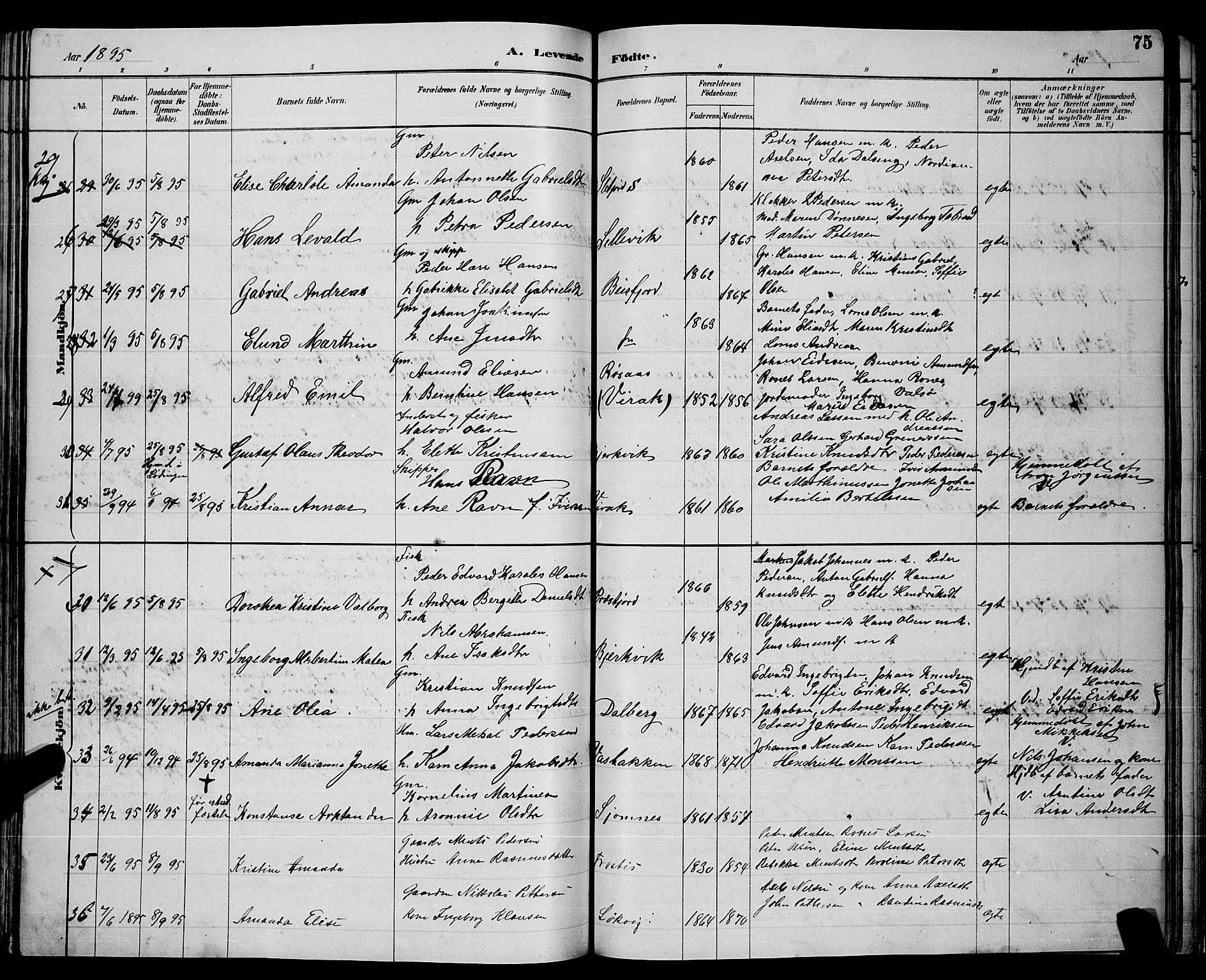 Ministerialprotokoller, klokkerbøker og fødselsregistre - Nordland, AV/SAT-A-1459/866/L0952: Parish register (copy) no. 866C01, 1886-1899, p. 75