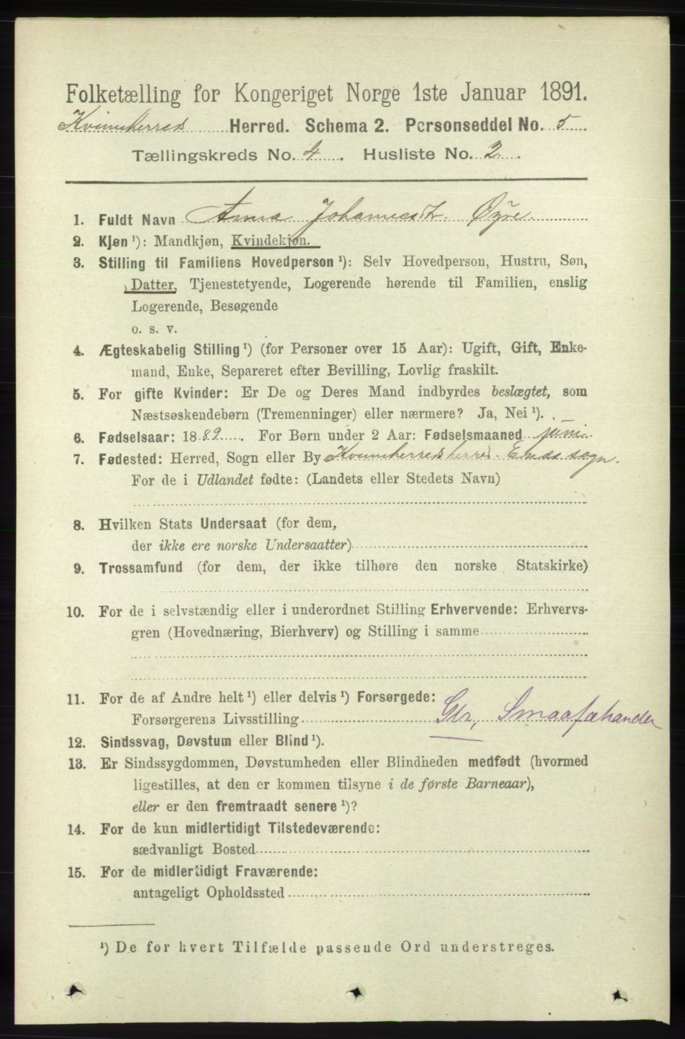 RA, 1891 census for 1224 Kvinnherad, 1891, p. 1392