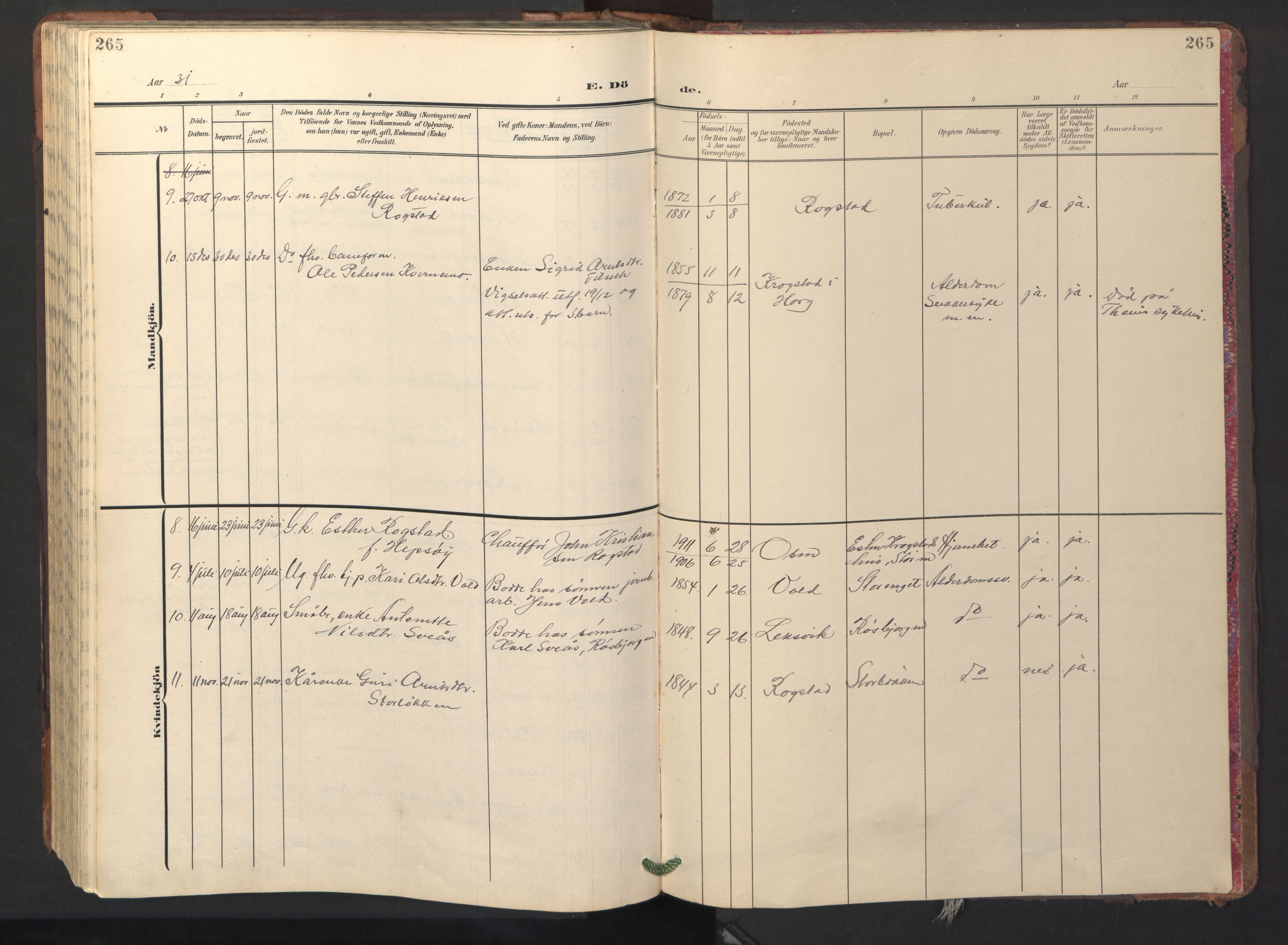 Ministerialprotokoller, klokkerbøker og fødselsregistre - Sør-Trøndelag, SAT/A-1456/687/L1019: Parish register (copy) no. 687C03, 1904-1931, p. 265