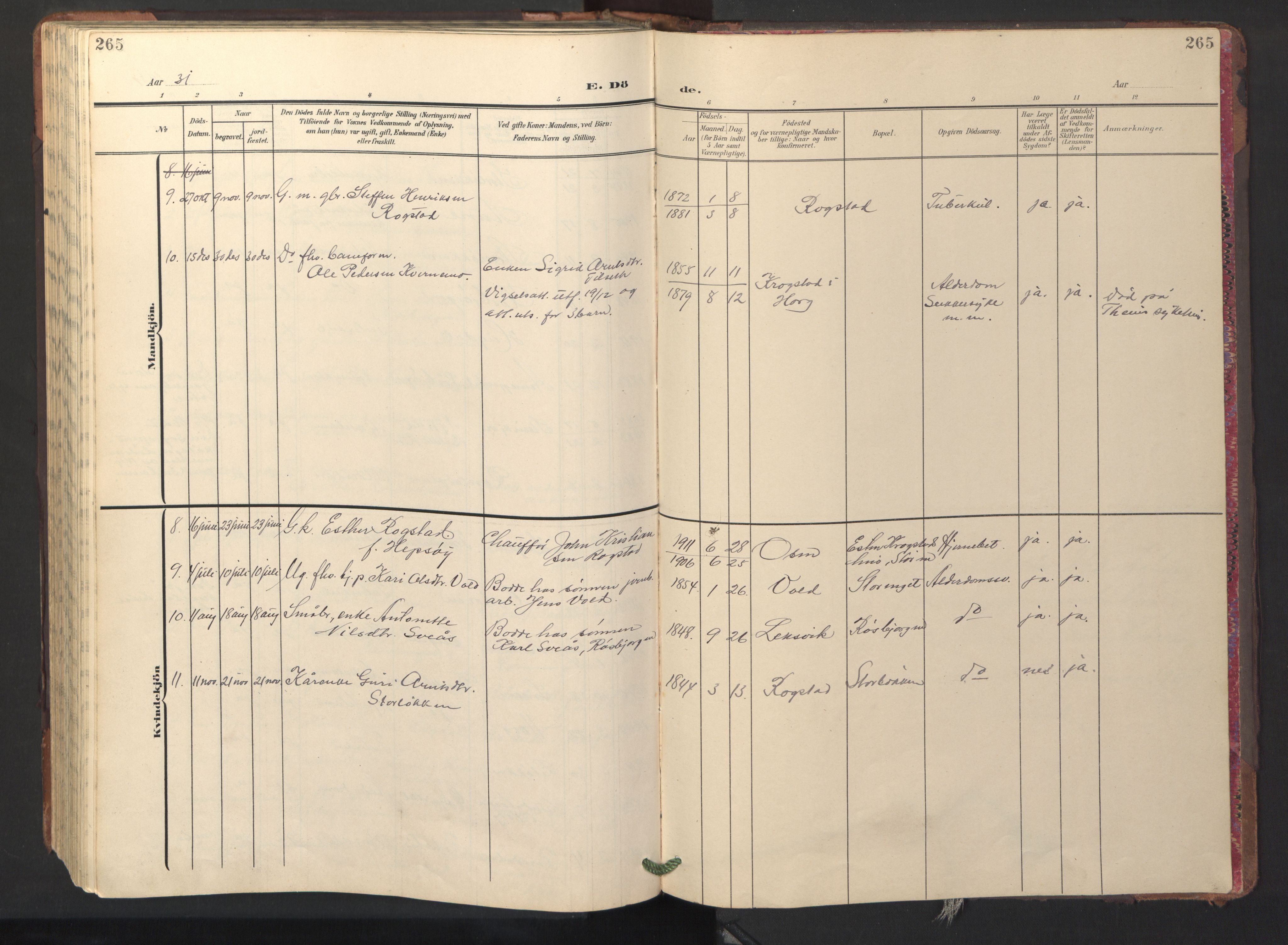 Ministerialprotokoller, klokkerbøker og fødselsregistre - Sør-Trøndelag, AV/SAT-A-1456/687/L1019: Parish register (copy) no. 687C03, 1904-1931, p. 265