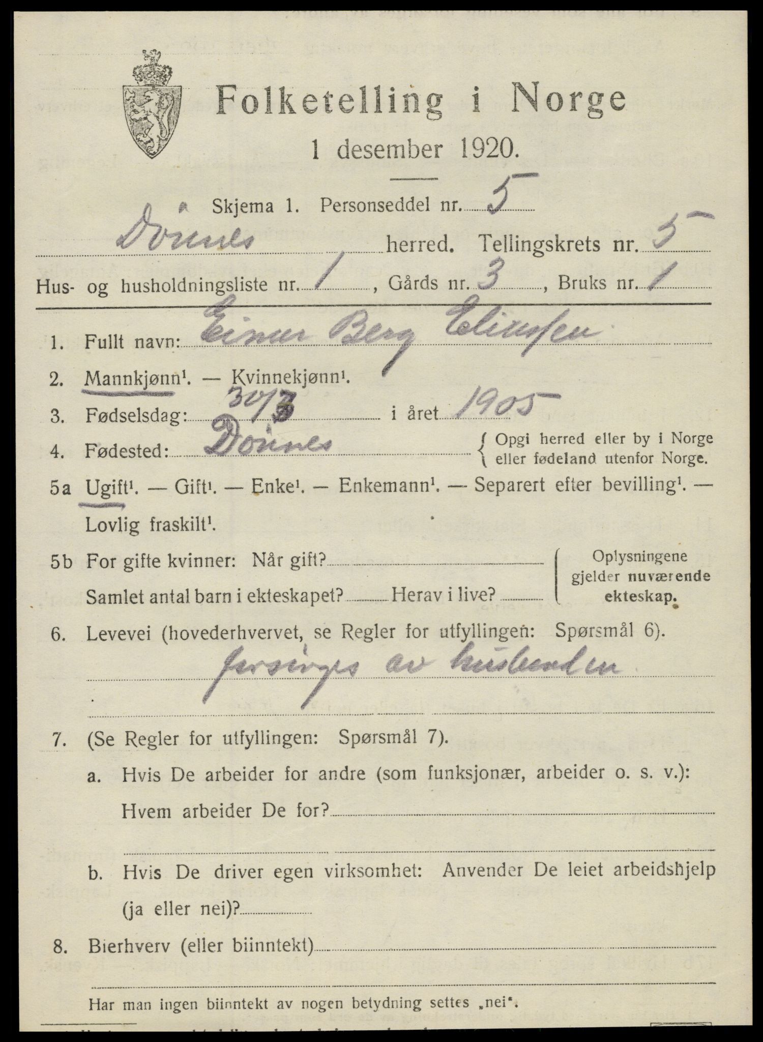 SAT, 1920 census for Dønnes, 1920, p. 2882