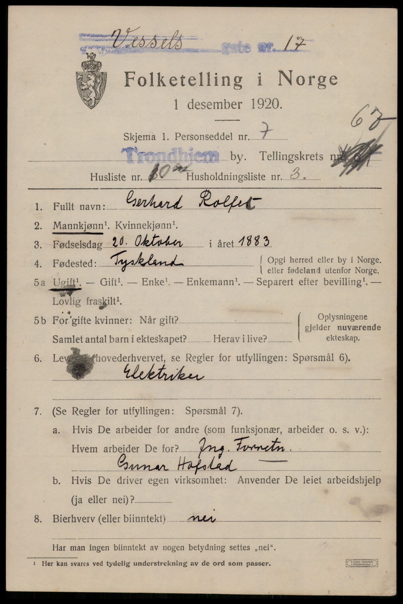 SAT, 1920 census for Trondheim, 1920, p. 132674