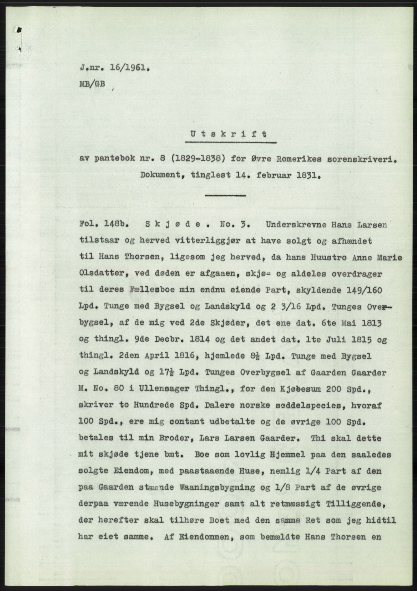 Statsarkivet i Oslo, SAO/A-10621/Z/Zd/L0013: Avskrifter, j.nr 16-1099/1961, 1961, p. 1