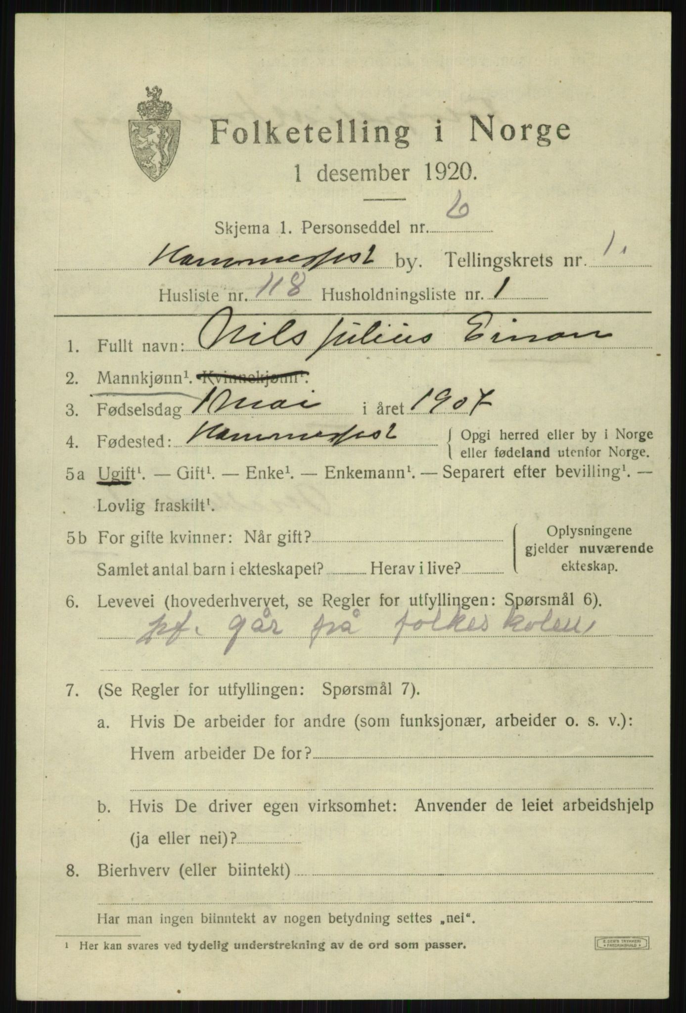 SATØ, 1920 census for Hammerfest, 1920, p. 4265