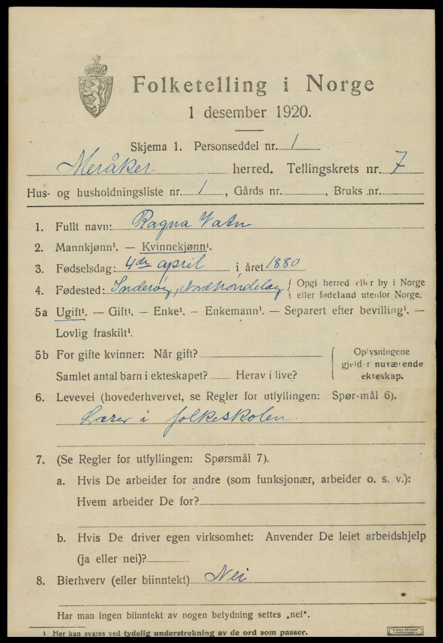 SAT, 1920 census for Meråker, 1920, p. 4988