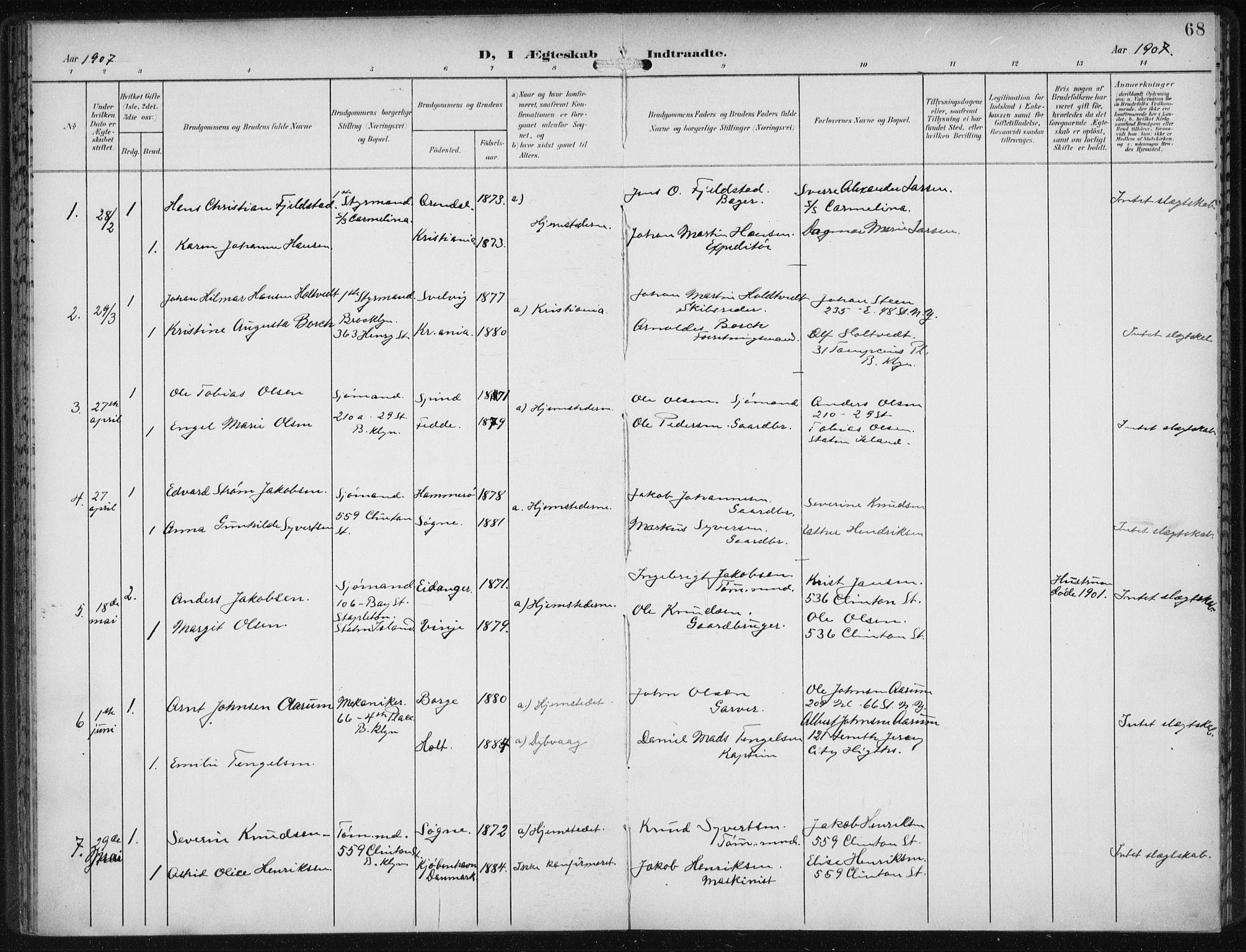 Den norske sjømannsmisjon i utlandet/New York, AV/SAB-SAB/PA-0110/H/Ha/L0005: Parish register (official) no. A 5, 1902-1908, p. 68
