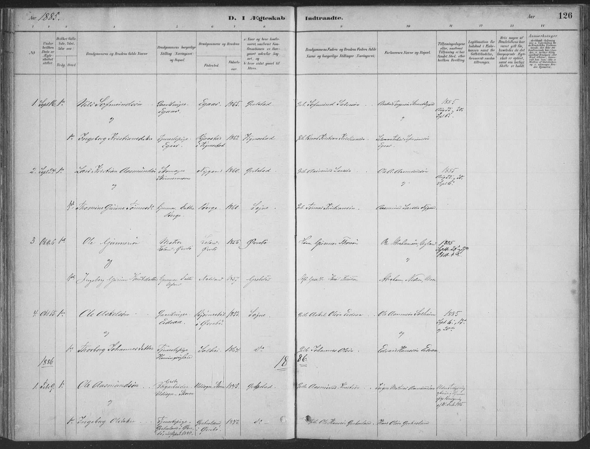 Søgne sokneprestkontor, SAK/1111-0037/F/Fa/Faa/L0003: Parish register (official) no. A 3, 1883-1910, p. 126